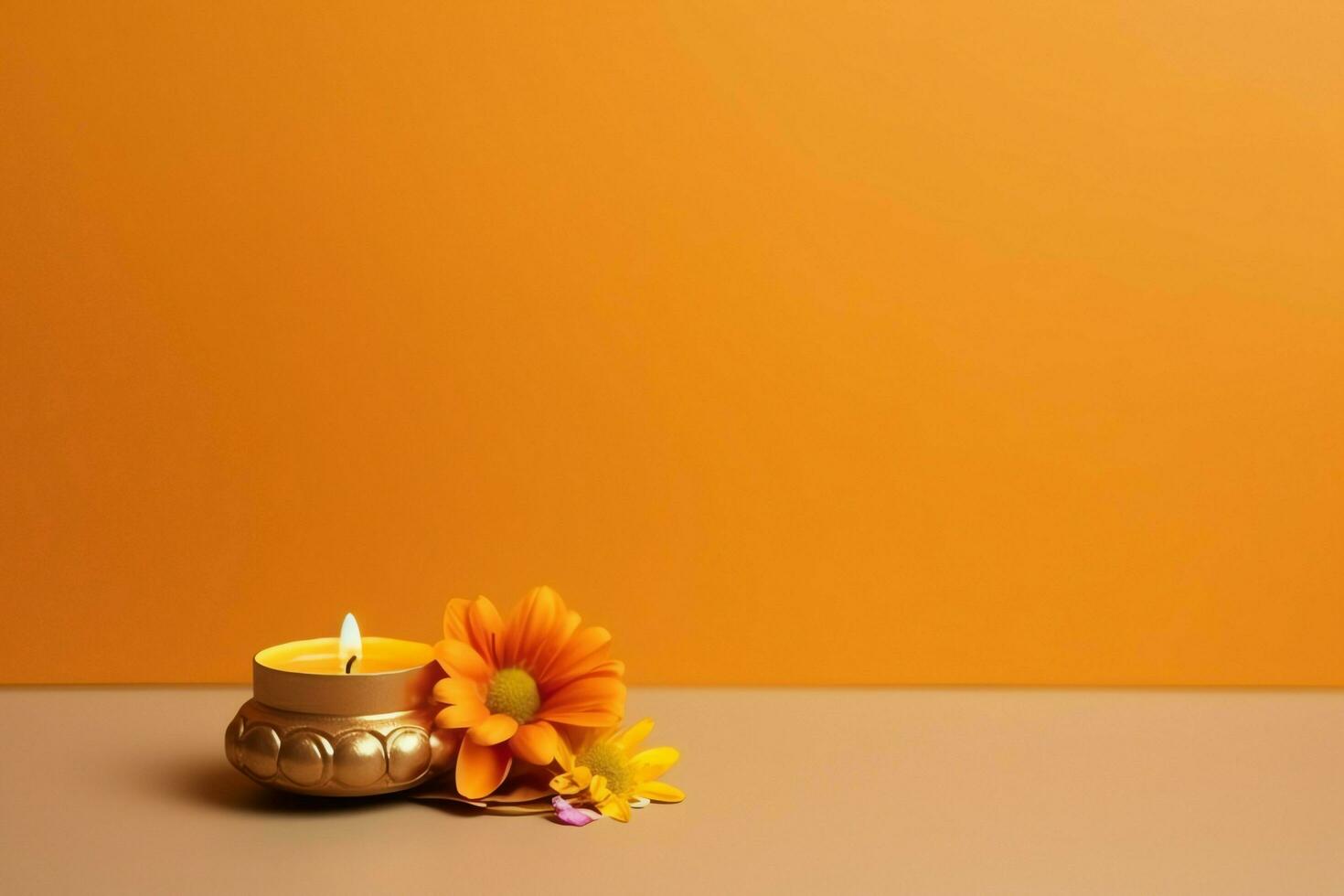 Happy diwali or deepavali traditional indian festival with clay diya oil lamp. Indian hindu festival of light symbol with candle and light. Clay diya lamp lit during diwali celebration by AI generated photo