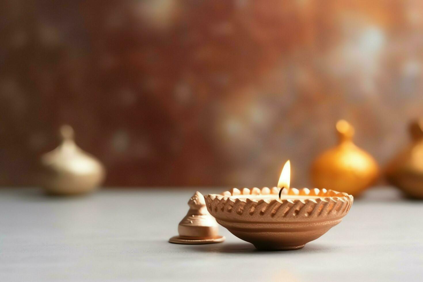 Happy diwali or deepavali traditional indian festival with clay diya oil lamp. Indian hindu festival of light symbol with candle and light. Clay diya lamp lit during diwali celebration by AI generated photo