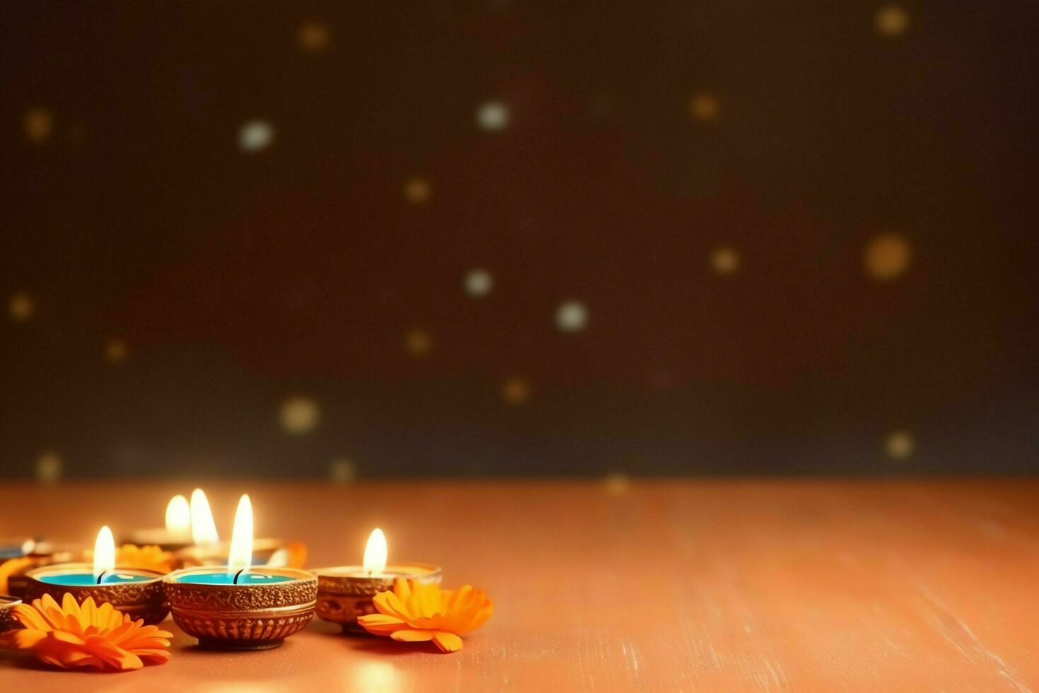 Happy diwali or deepavali traditional indian festival with clay diya oil lamp. Indian hindu festival of light symbol with candle and light. Clay diya lamp lit during diwali celebration by AI generated photo
