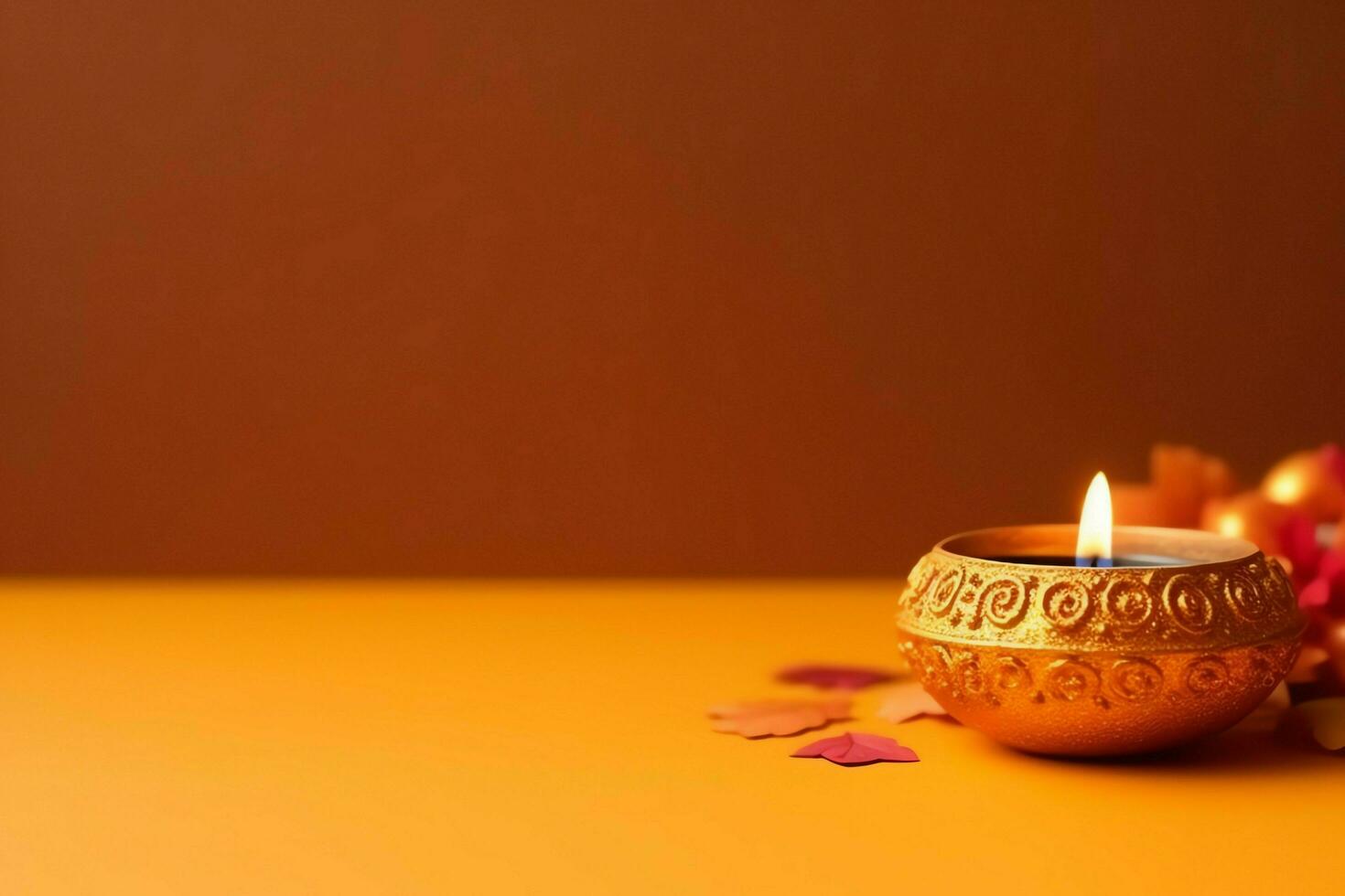 Happy diwali or deepavali traditional indian festival with clay diya oil lamp. Indian hindu festival of light symbol with candle and light. Clay diya lamp lit during diwali celebration by AI generated photo
