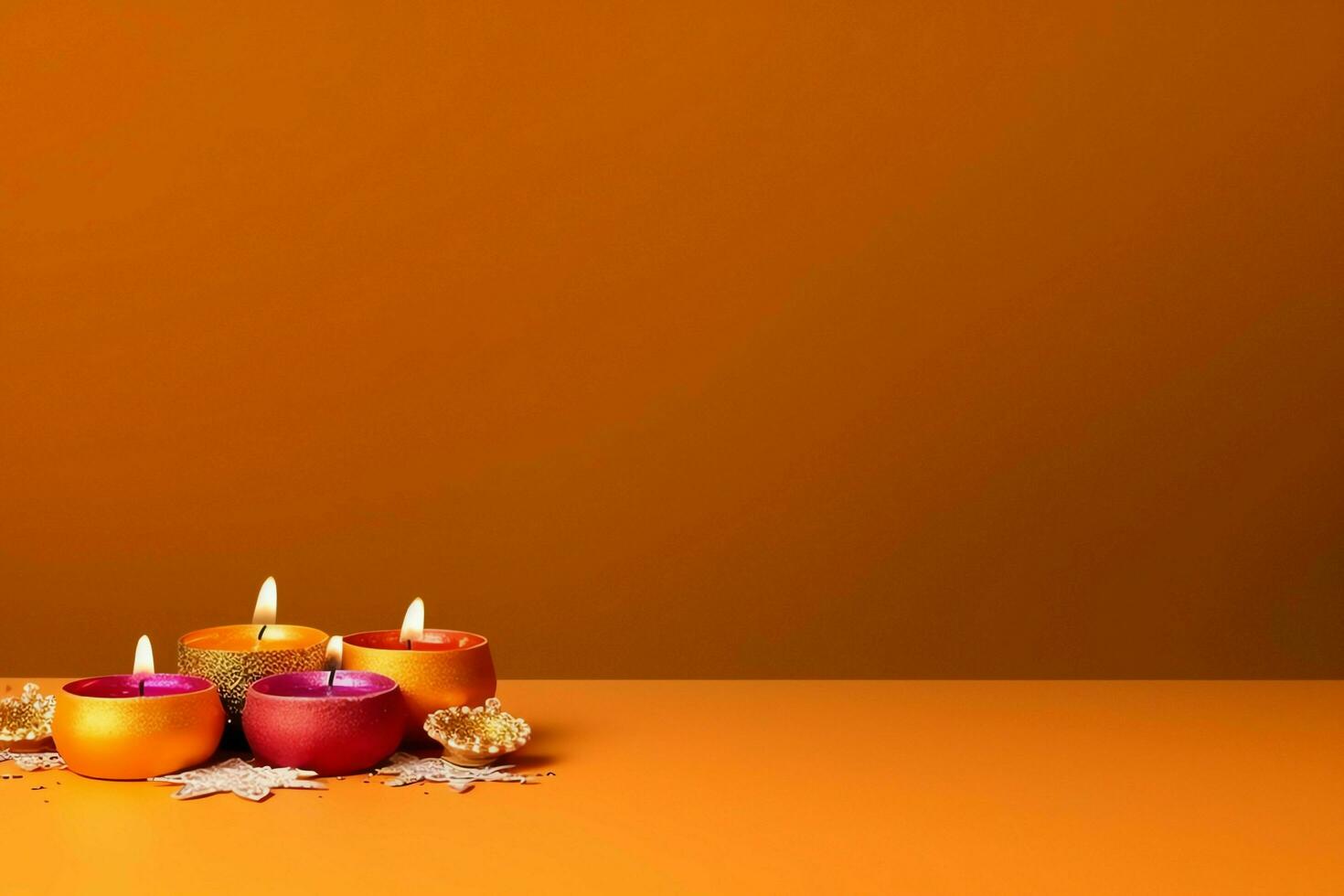 Happy diwali or deepavali traditional indian festival with clay diya oil lamp. Indian hindu festival of light symbol with candle and light. Clay diya lamp lit during diwali celebration by AI generated photo