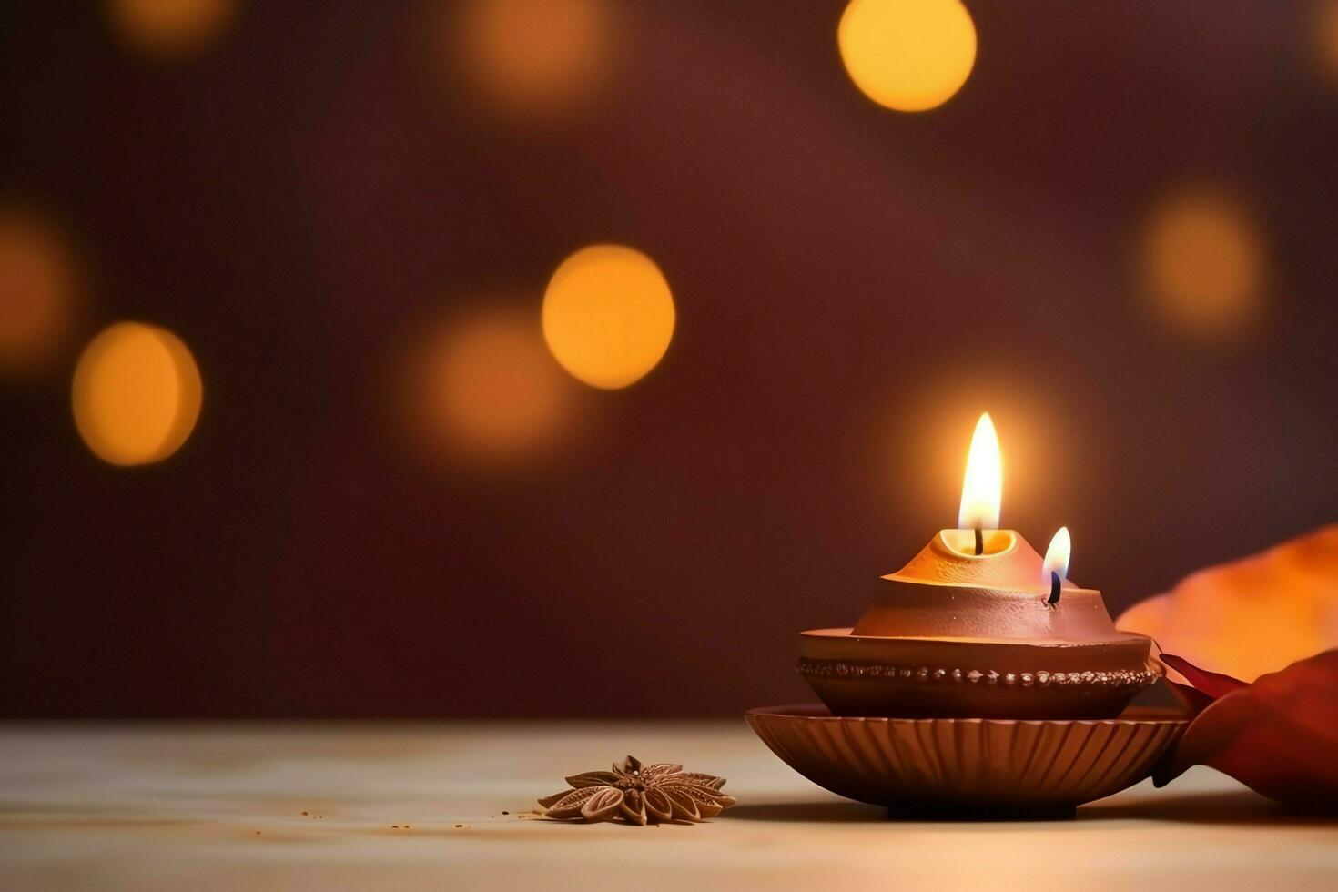 Happy diwali or deepavali traditional indian festival with clay diya oil lamp. Indian hindu festival of light symbol with candle and light. Clay diya lamp lit during diwali celebration by AI generated photo