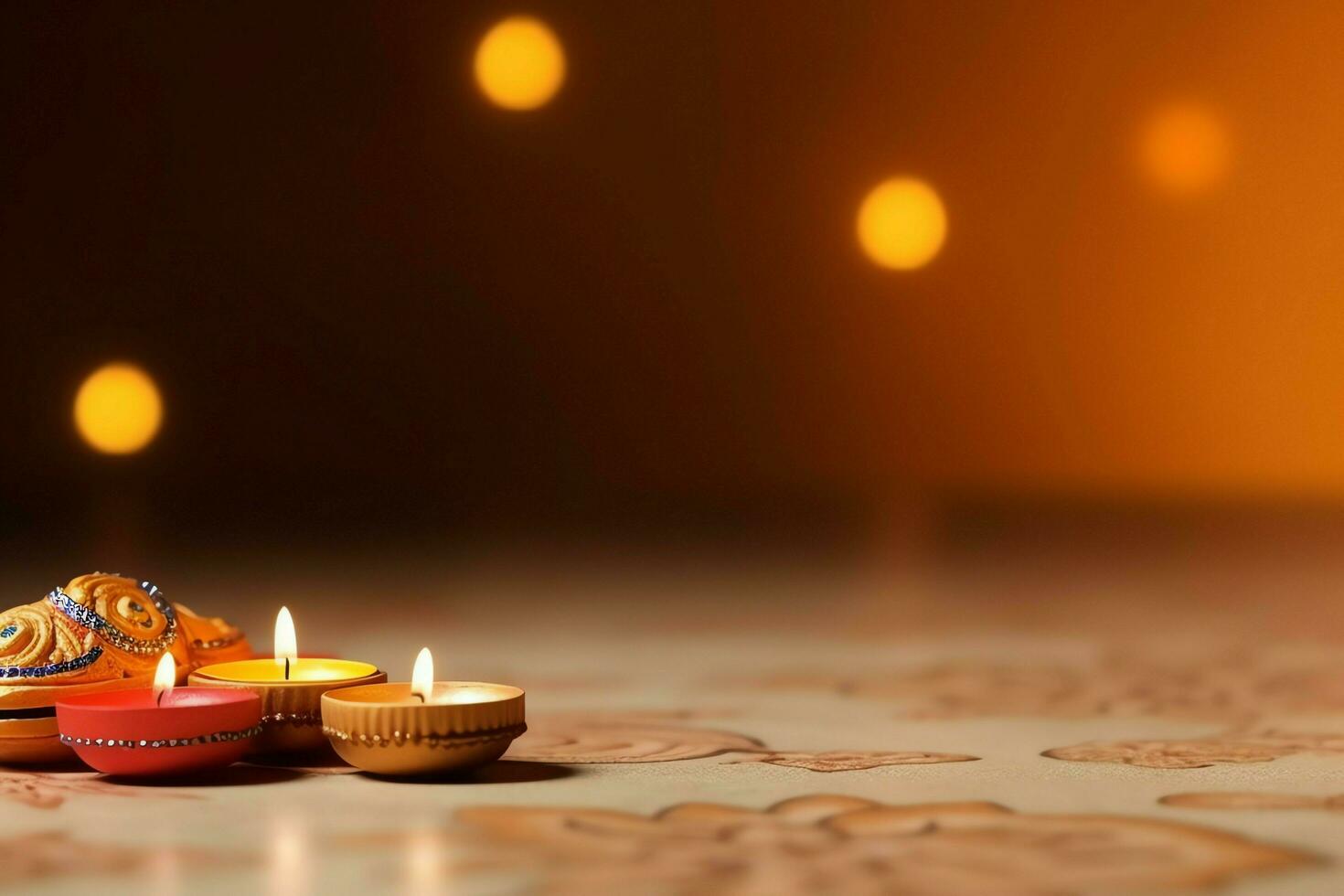 Happy diwali or deepavali traditional indian festival with clay diya oil lamp. Indian hindu festival of light symbol with candle and light. Clay diya lamp lit during diwali celebration by AI generated photo