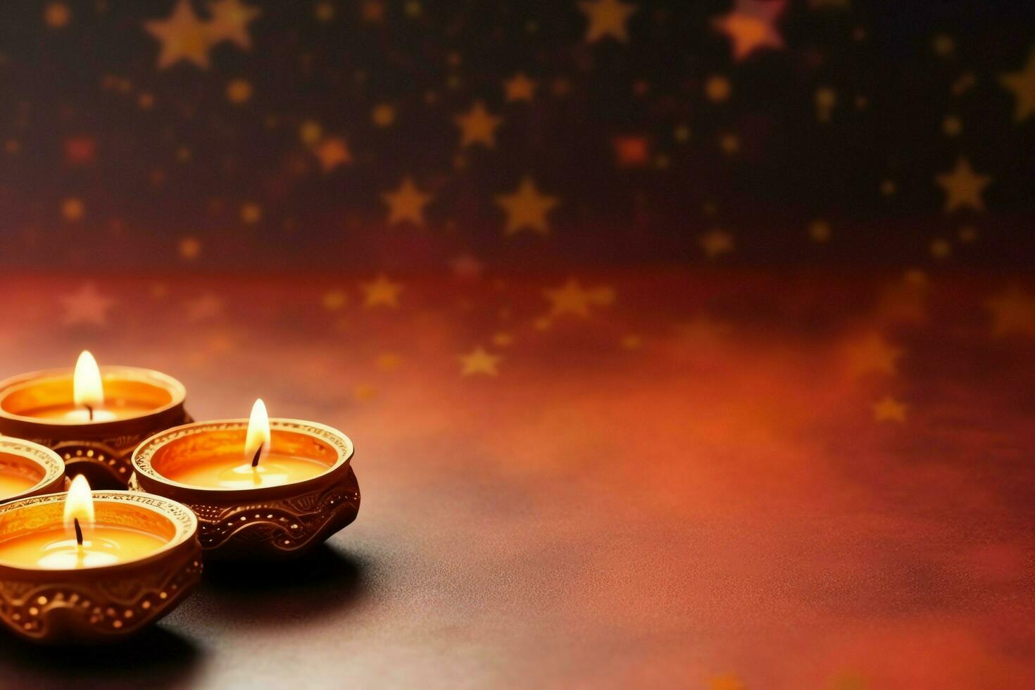 Happy diwali or deepavali traditional indian festival with clay diya oil lamp. Indian hindu festival of light symbol with candle and light. Clay diya lamp lit during diwali celebration by AI generated photo