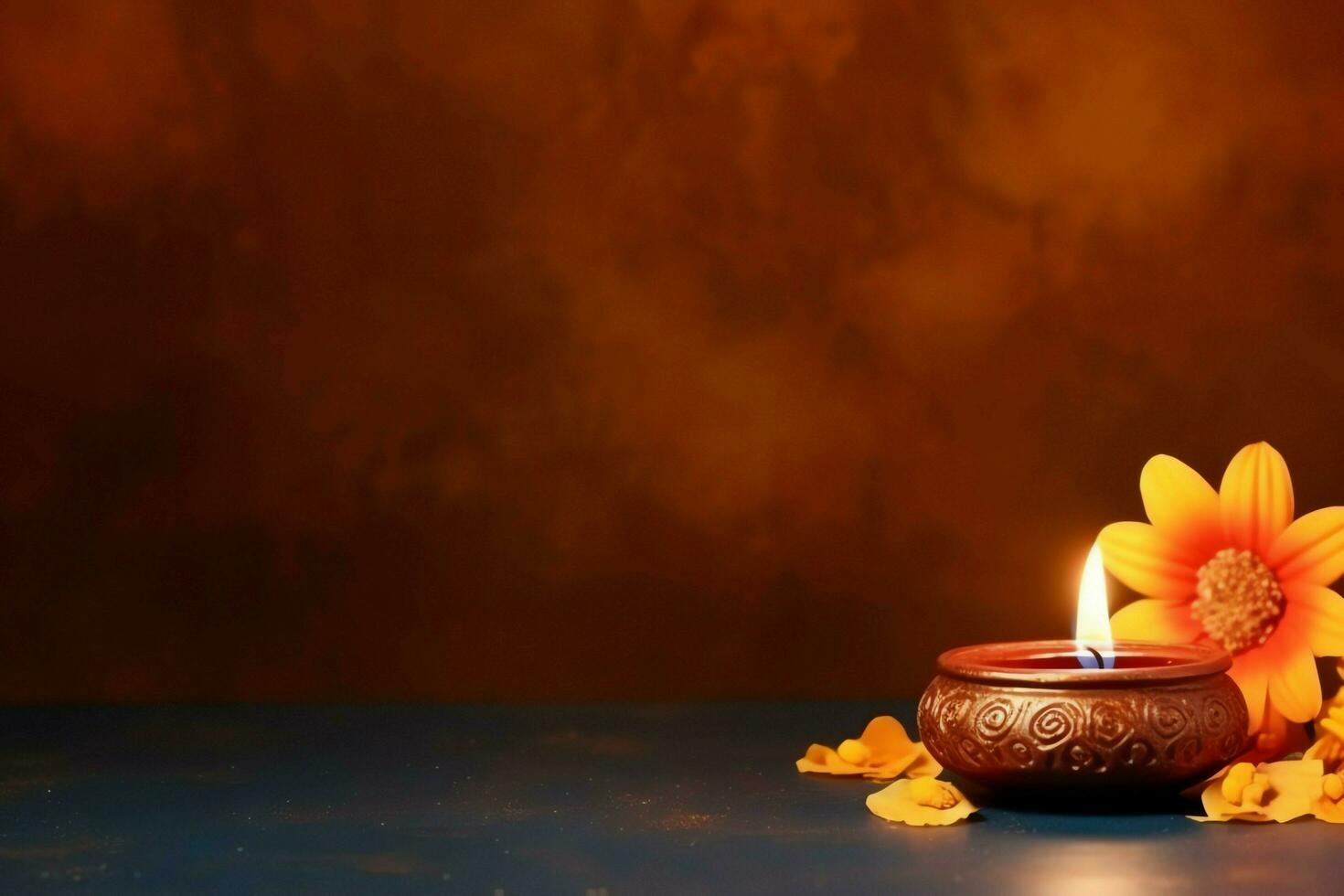 Happy diwali or deepavali traditional indian festival with clay diya oil lamp. Indian hindu festival of light symbol with candle and light. Clay diya lamp lit during diwali celebration by AI generated photo