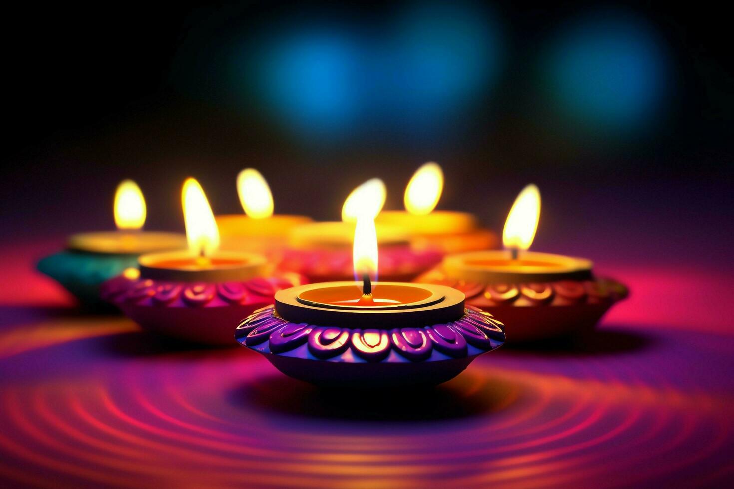 Happy diwali or deepavali traditional indian festival with clay diya oil lamp. Indian hindu festival of light symbol with candle and light. Clay diya lamp lit during diwali celebration by AI generated photo