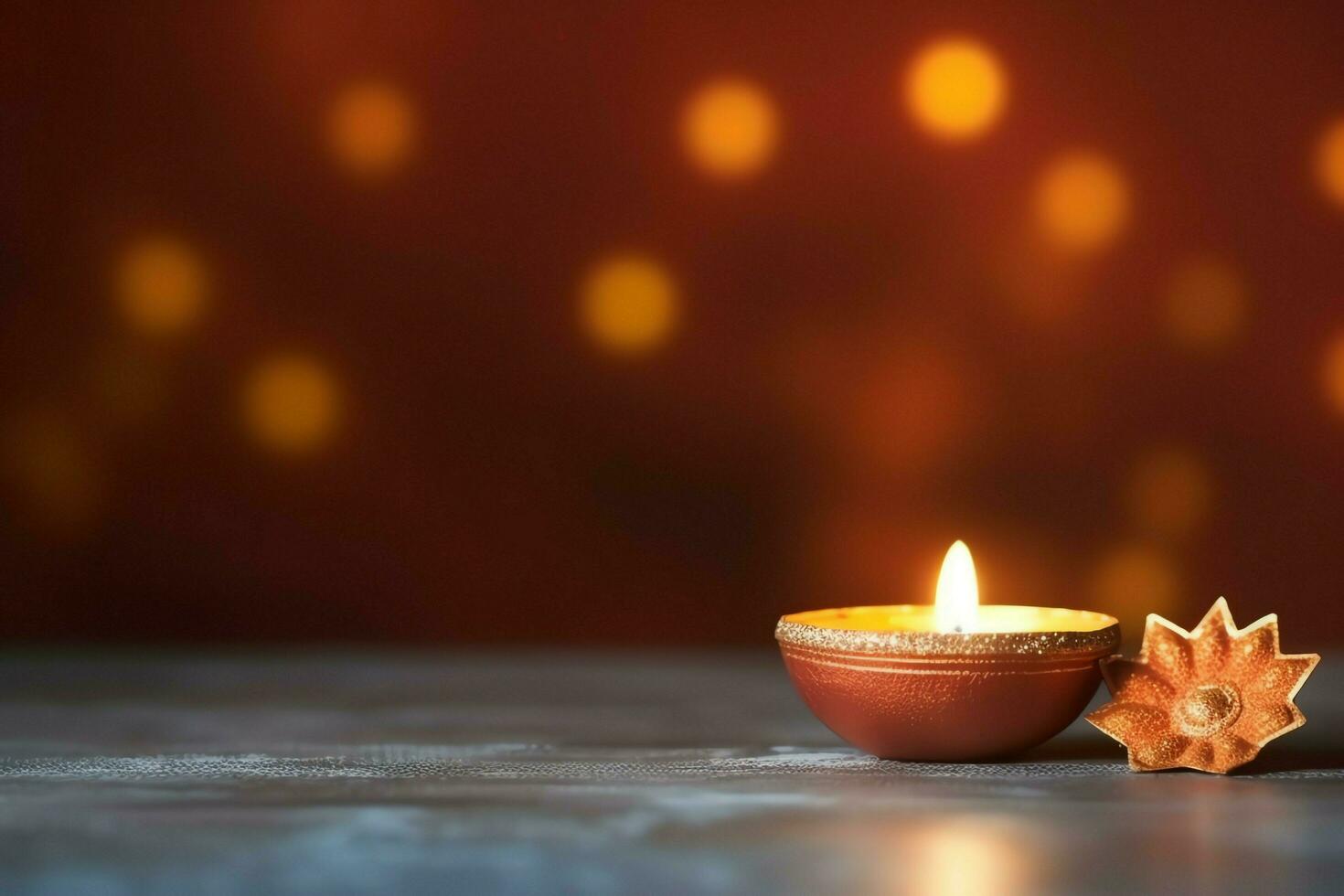 Happy diwali or deepavali traditional indian festival with clay diya oil lamp. Indian hindu festival of light symbol with candle and light. Clay diya lamp lit during diwali celebration by AI generated photo