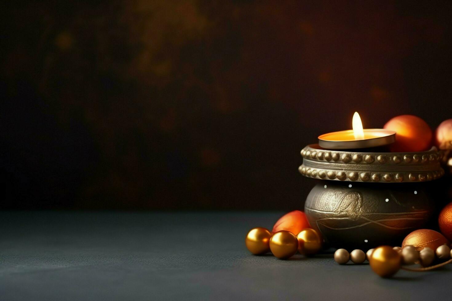 Happy diwali or deepavali traditional indian festival with clay diya oil lamp. Indian hindu festival of light symbol with candle and light. Clay diya lamp lit during diwali celebration by AI generated photo