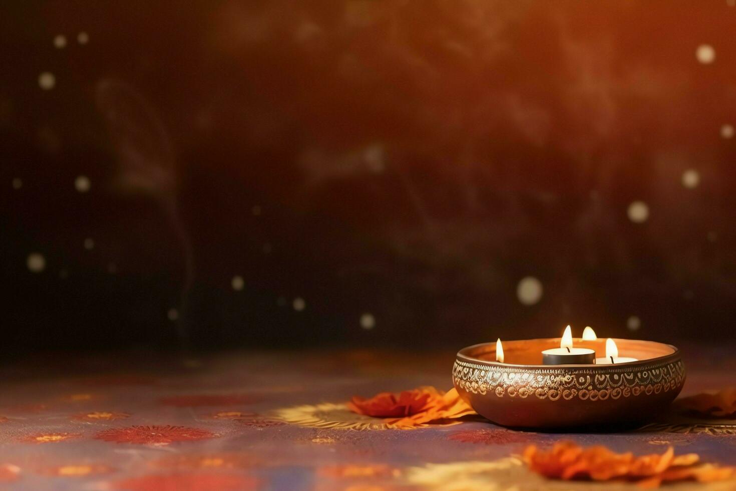 Happy diwali or deepavali traditional indian festival with clay diya oil lamp. Indian hindu festival of light symbol with candle and light. Clay diya lamp lit during diwali celebration by AI generated photo