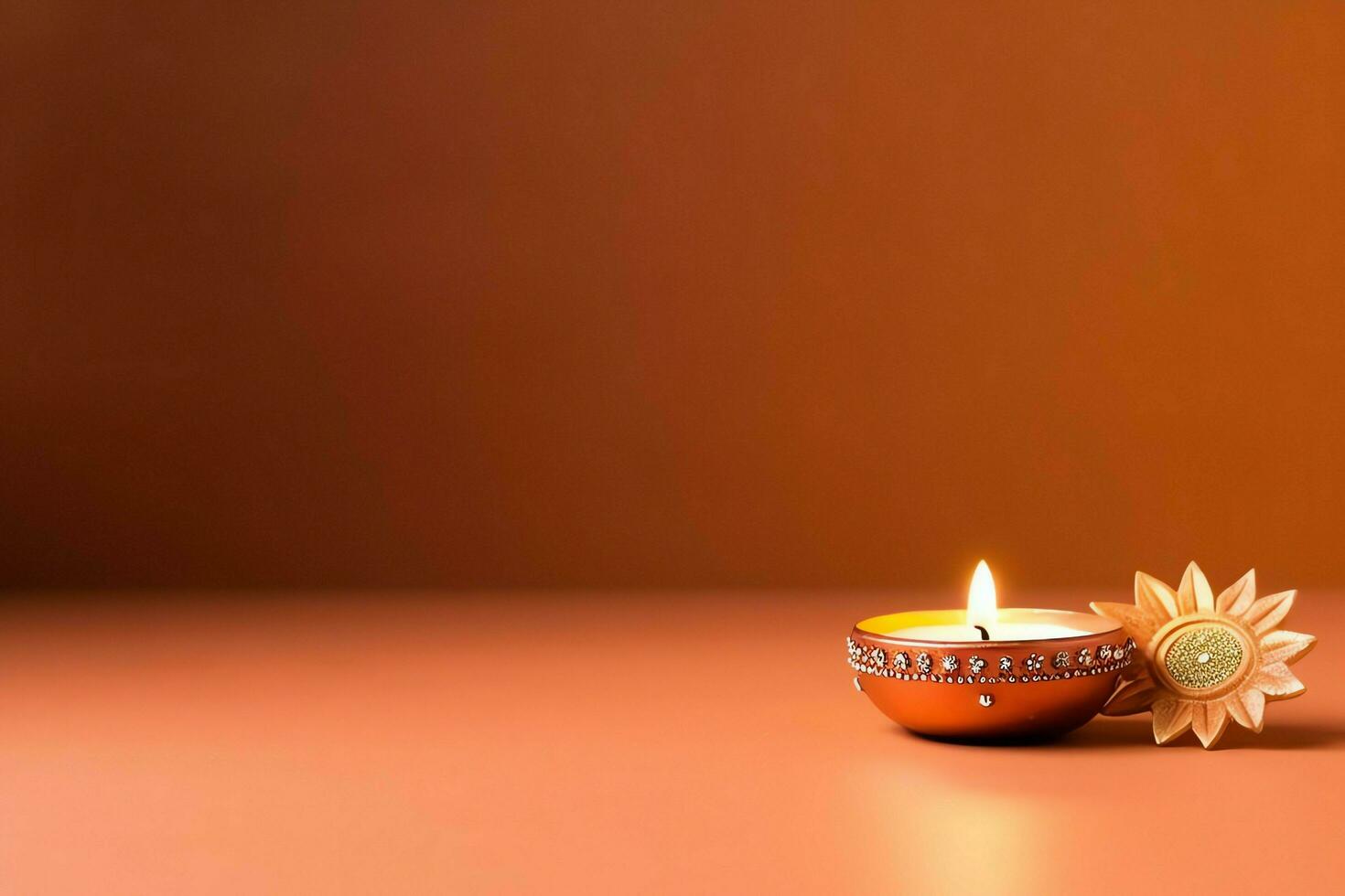 Happy diwali or deepavali traditional indian festival with clay diya oil lamp. Indian hindu festival of light symbol with candle and light. Clay diya lamp lit during diwali celebration by AI generated photo