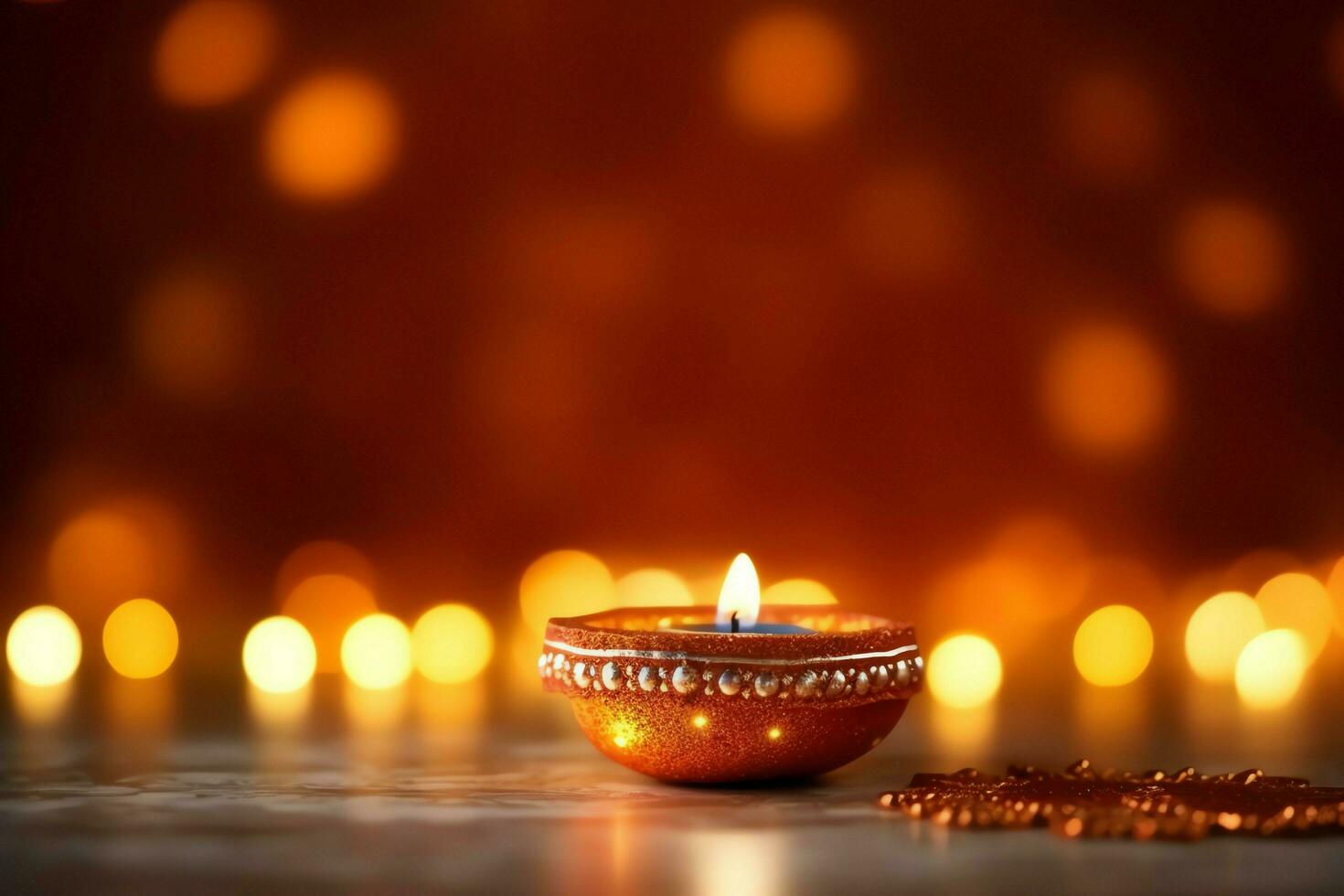 Happy diwali or deepavali traditional indian festival with clay diya oil lamp. Indian hindu festival of light symbol with candle and light. Clay diya lamp lit during diwali celebration by AI generated photo