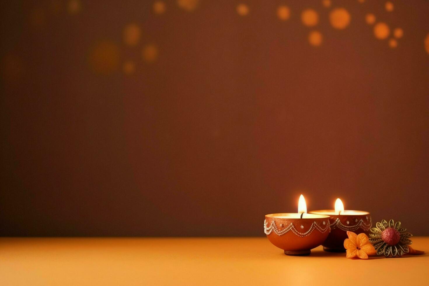 Happy diwali or deepavali traditional indian festival with clay diya oil lamp. Indian hindu festival of light symbol with candle and light. Clay diya lamp lit during diwali celebration by AI generated photo