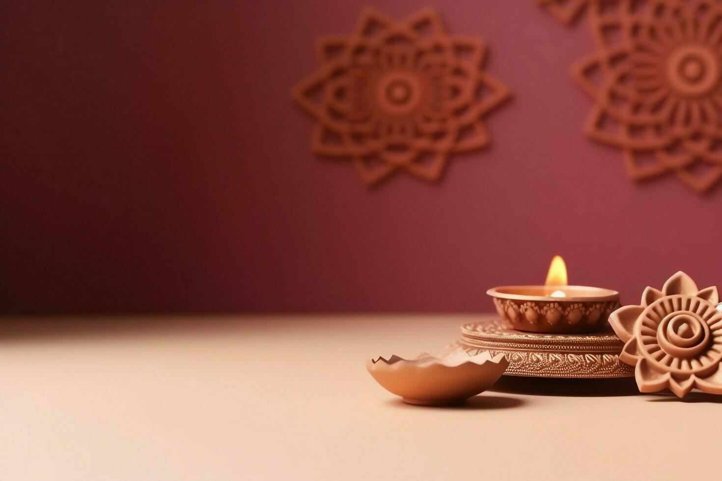 Happy diwali or deepavali traditional indian festival with clay diya oil lamp. Indian hindu festival of light symbol with candle and light. Clay diya lamp lit during diwali celebration by AI generated photo