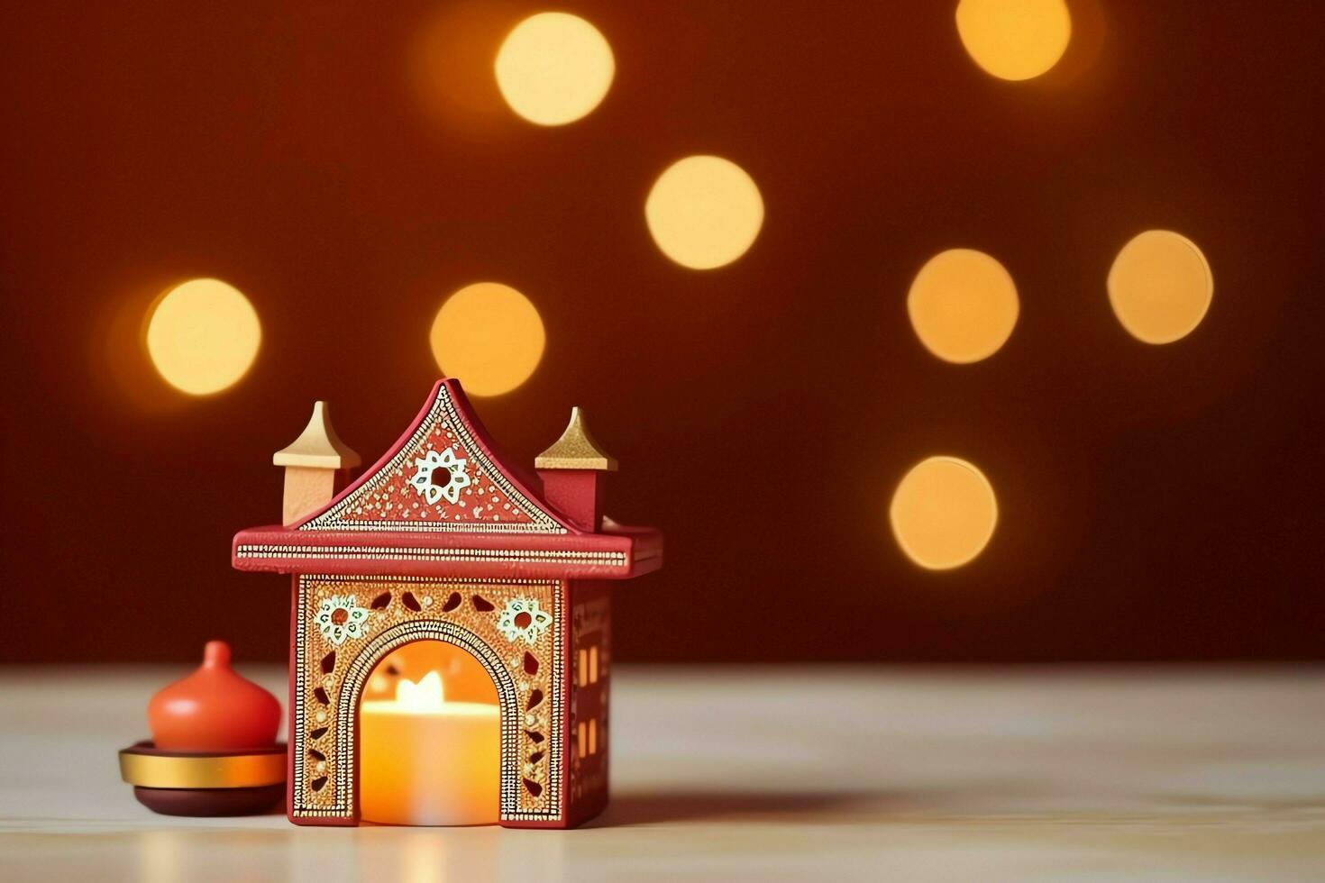 Happy diwali or deepavali traditional indian festival with clay diya oil lamp. Indian hindu festival of light symbol with candle and light. Clay diya lamp lit during diwali celebration by AI generated photo