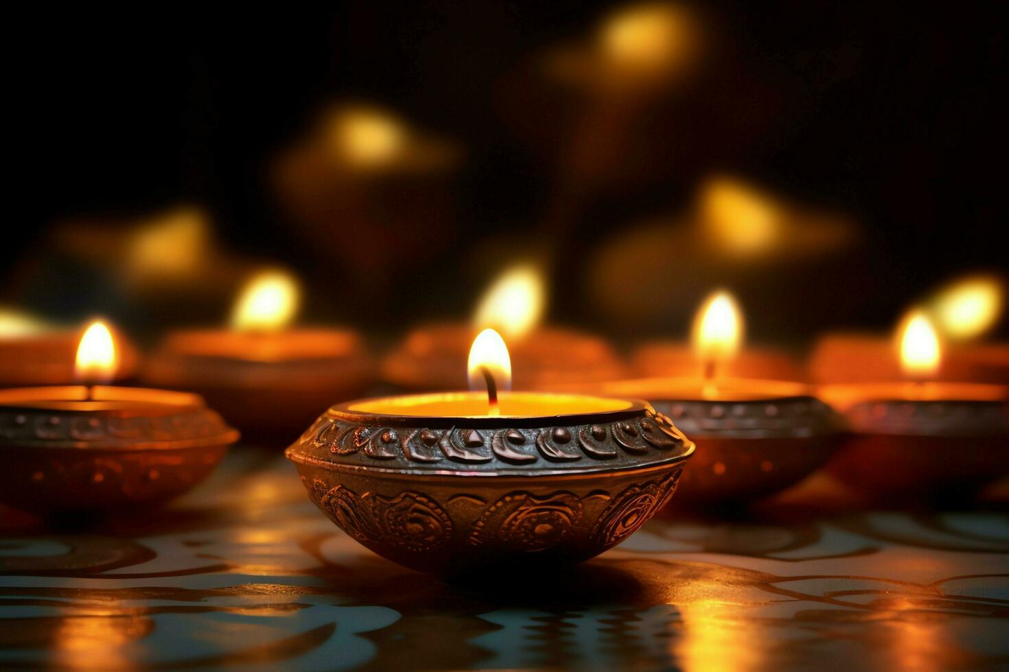 Happy diwali or deepavali traditional indian festival with clay diya oil lamp. Indian hindu festival of light symbol with candle and light. Clay diya lamp lit during diwali celebration by AI generated photo