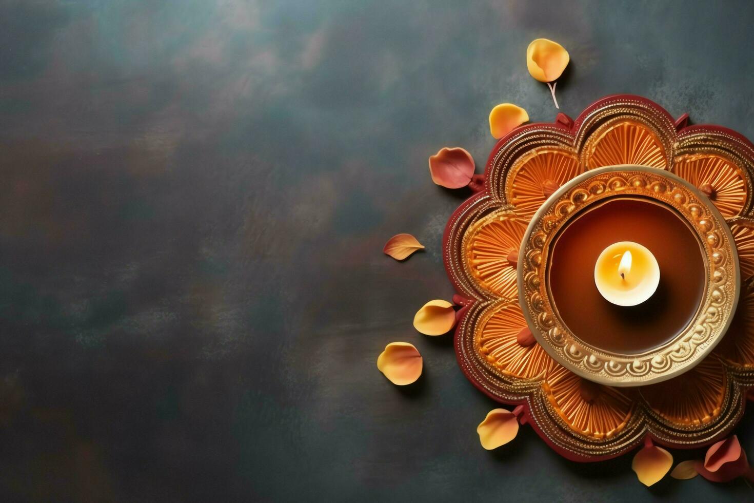 Happy diwali or deepavali traditional indian festival with clay diya oil lamp. Indian hindu festival of light symbol with candle and light. Clay diya lamp lit during diwali celebration by AI generated photo
