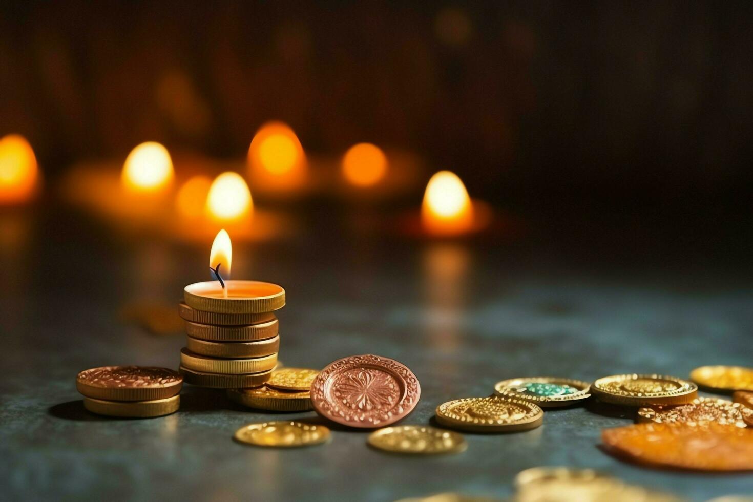 Happy diwali or deepavali traditional indian festival with clay diya oil lamp. Indian hindu festival of light symbol with candle and light. Clay diya lamp lit during diwali celebration by AI generated photo