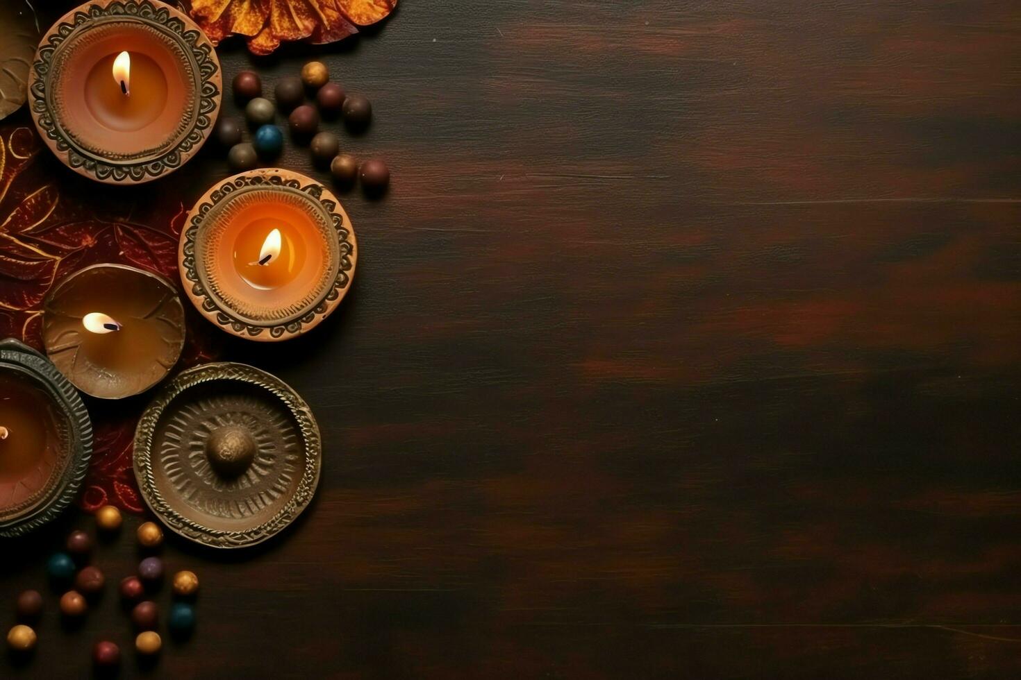 Happy diwali or deepavali traditional indian festival with clay diya oil lamp. Indian hindu festival of light symbol with candle and light. Clay diya lamp lit during diwali celebration by AI generated photo