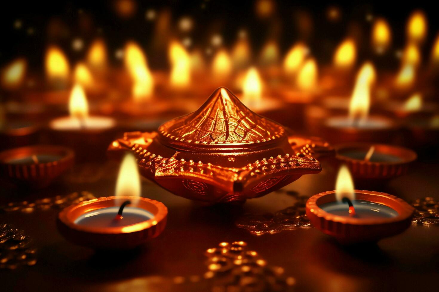 Happy diwali or deepavali traditional indian festival with clay diya oil lamp. Indian hindu festival of light symbol with candle and light. Clay diya lamp lit during diwali celebration by AI generated photo