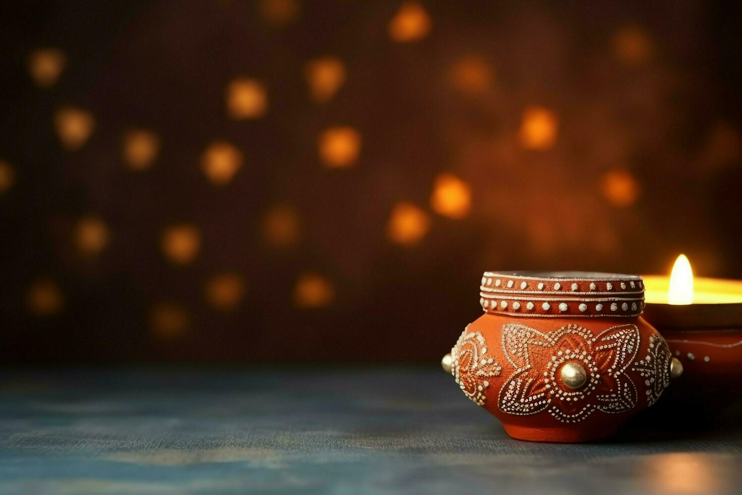Happy diwali or deepavali traditional indian festival with clay diya oil lamp. Indian hindu festival of light symbol with candle and light. Clay diya lamp lit during diwali celebration by AI generated photo