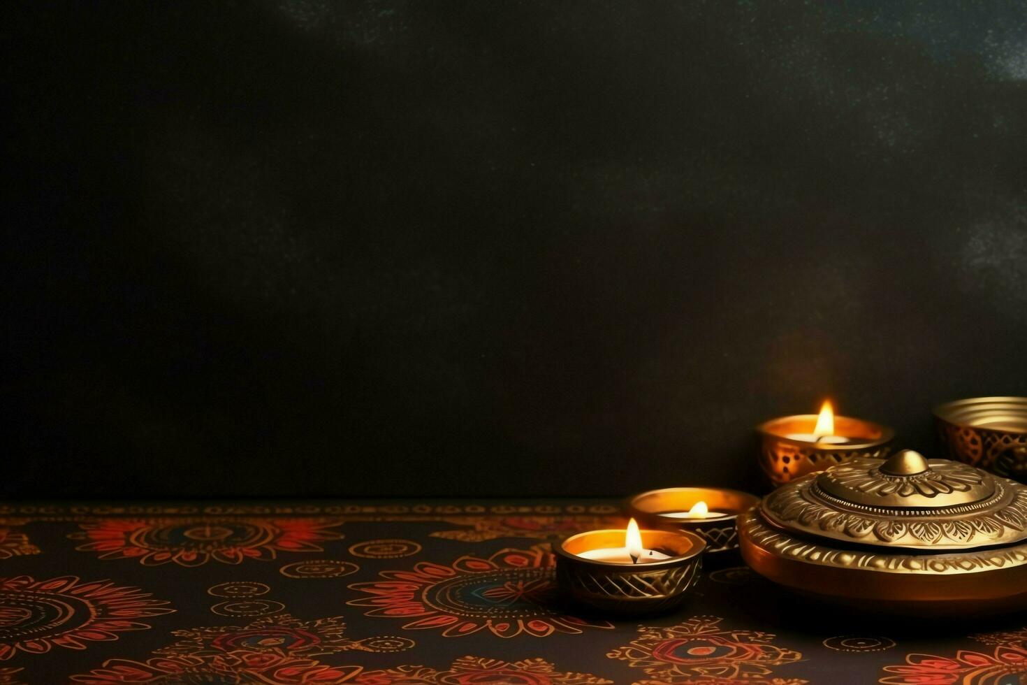 Happy diwali or deepavali traditional indian festival with clay diya oil lamp. Indian hindu festival of light symbol with candle and light. Clay diya lamp lit during diwali celebration by AI generated photo