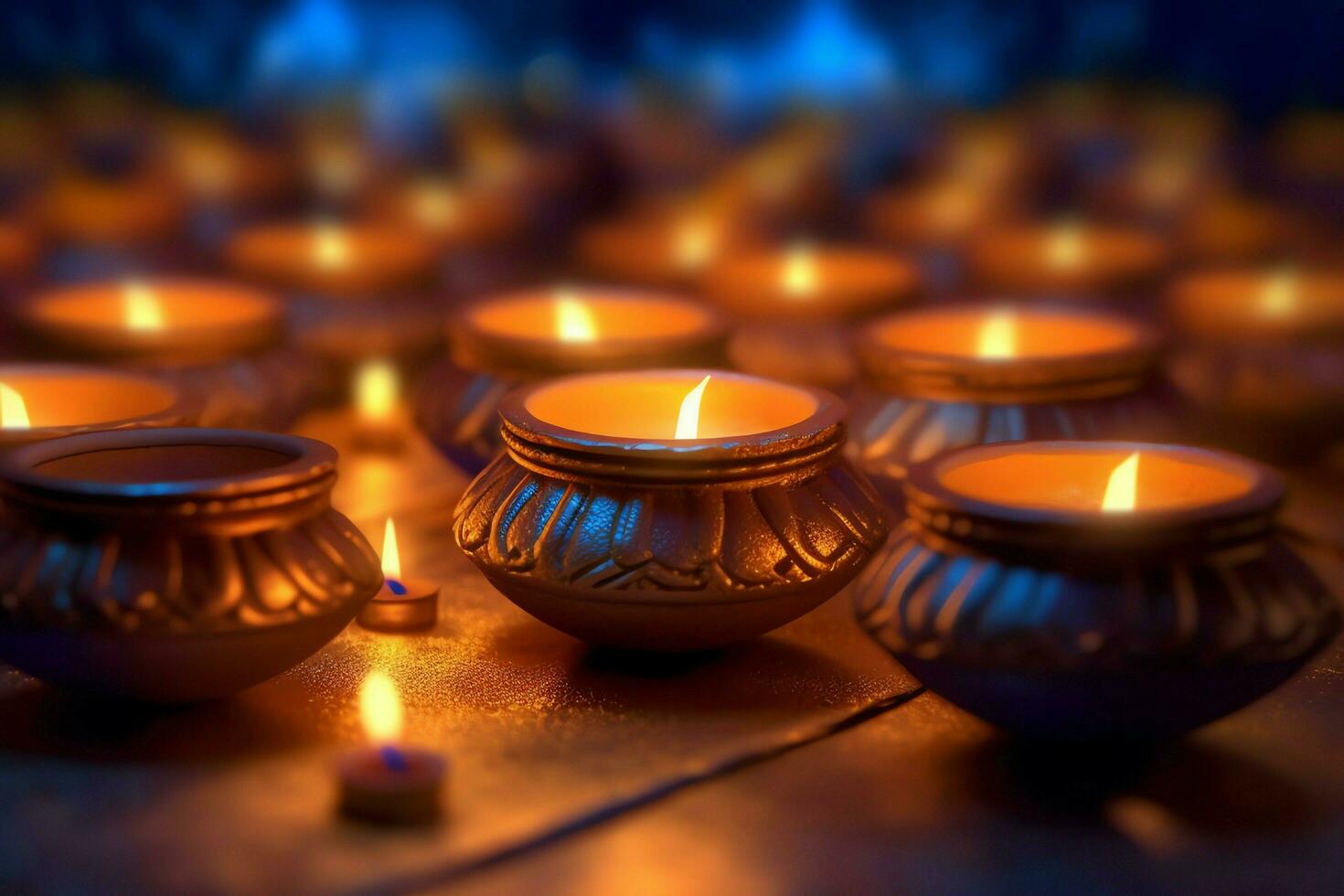 Happy diwali or deepavali traditional indian festival with clay diya oil lamp. Indian hindu festival of light symbol with candle and light. Clay diya lamp lit during diwali celebration by AI generated photo