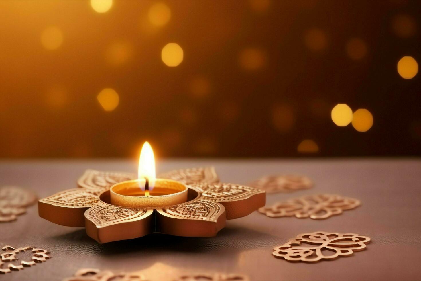 Happy diwali or deepavali traditional indian festival with clay diya oil lamp. Indian hindu festival of light symbol with candle and light. Clay diya lamp lit during diwali celebration by AI generated photo
