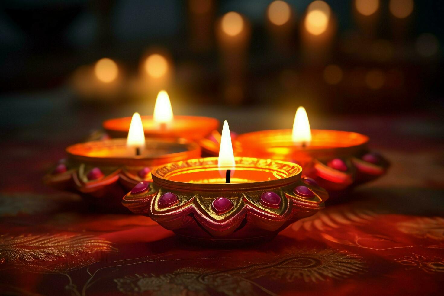 Happy diwali or deepavali traditional indian festival with clay diya oil lamp. Indian hindu festival of light symbol with candle and light. Clay diya lamp lit during diwali celebration by AI generated photo