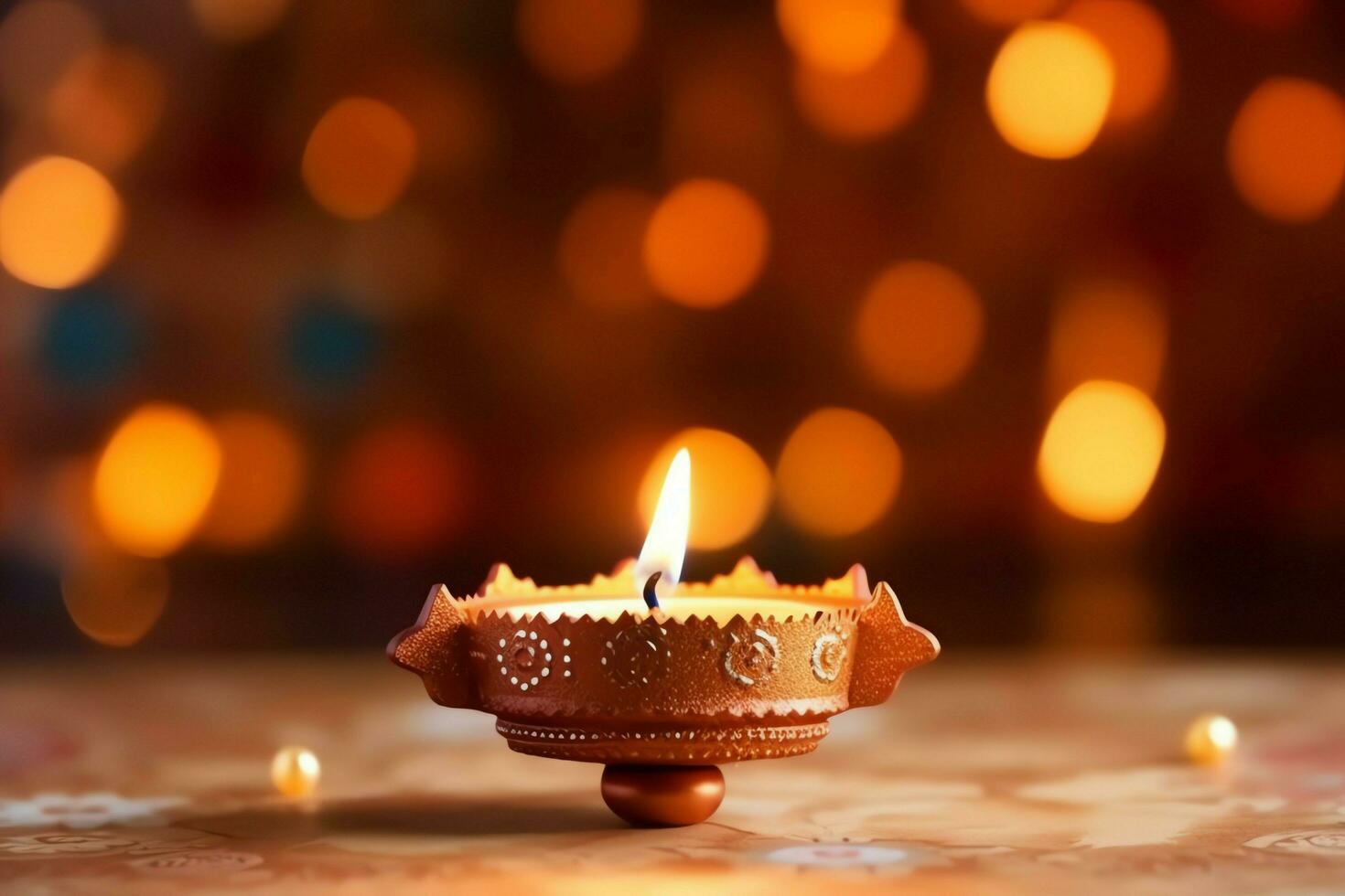 Happy diwali or deepavali traditional indian festival with clay diya oil lamp. Indian hindu festival of light symbol with candle and light. Clay diya lamp lit during diwali celebration by AI generated photo
