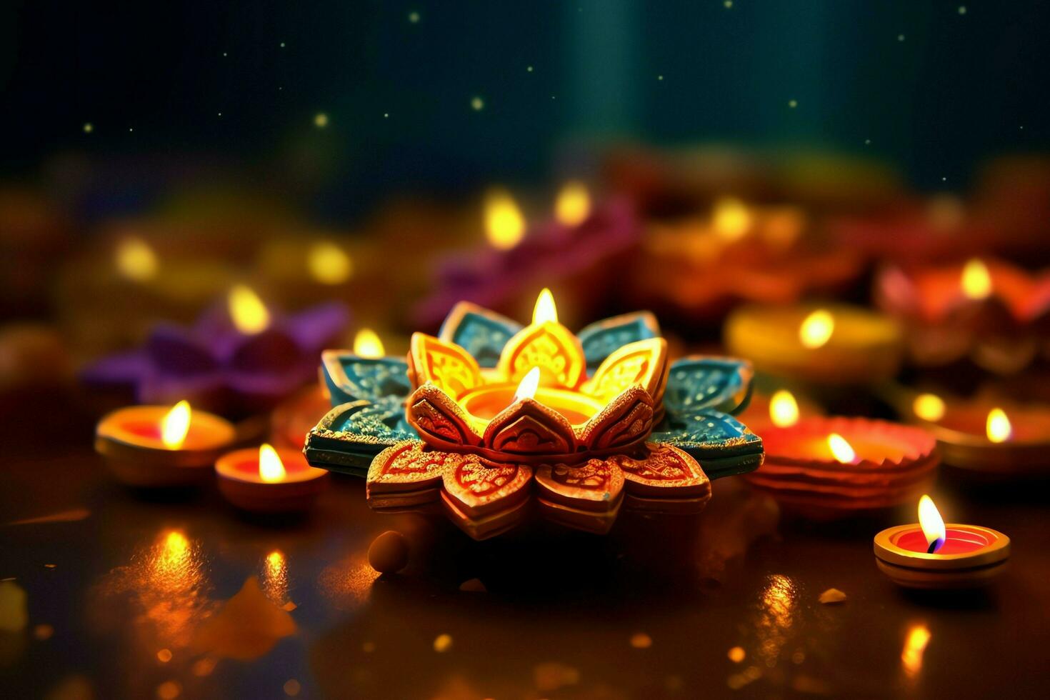 Happy diwali or deepavali traditional indian festival with clay diya oil lamp. Indian hindu festival of light symbol with candle and light. Clay diya lamp lit during diwali celebration by AI generated photo