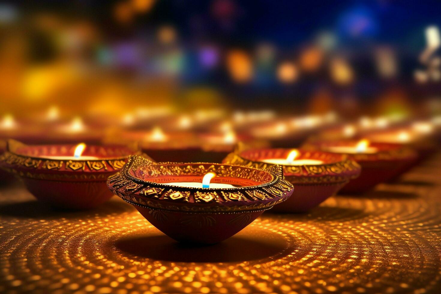 Happy diwali or deepavali traditional indian festival with clay diya oil lamp. Indian hindu festival of light symbol with candle and light. Clay diya lamp lit during diwali celebration by AI generated photo