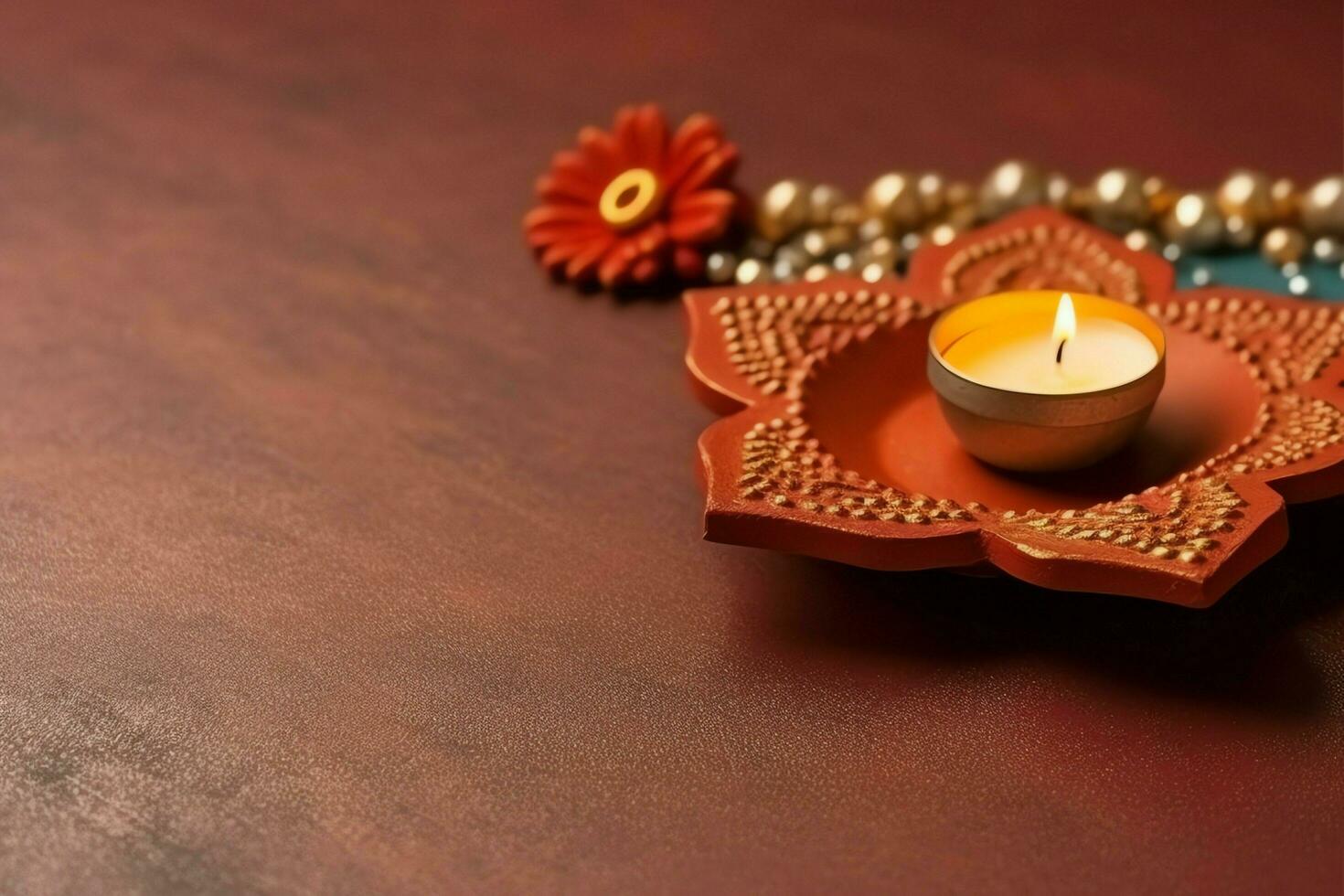 Happy diwali or deepavali traditional indian festival with clay diya oil lamp. Indian hindu festival of light symbol with candle and light. Clay diya lamp lit during diwali celebration by AI generated photo