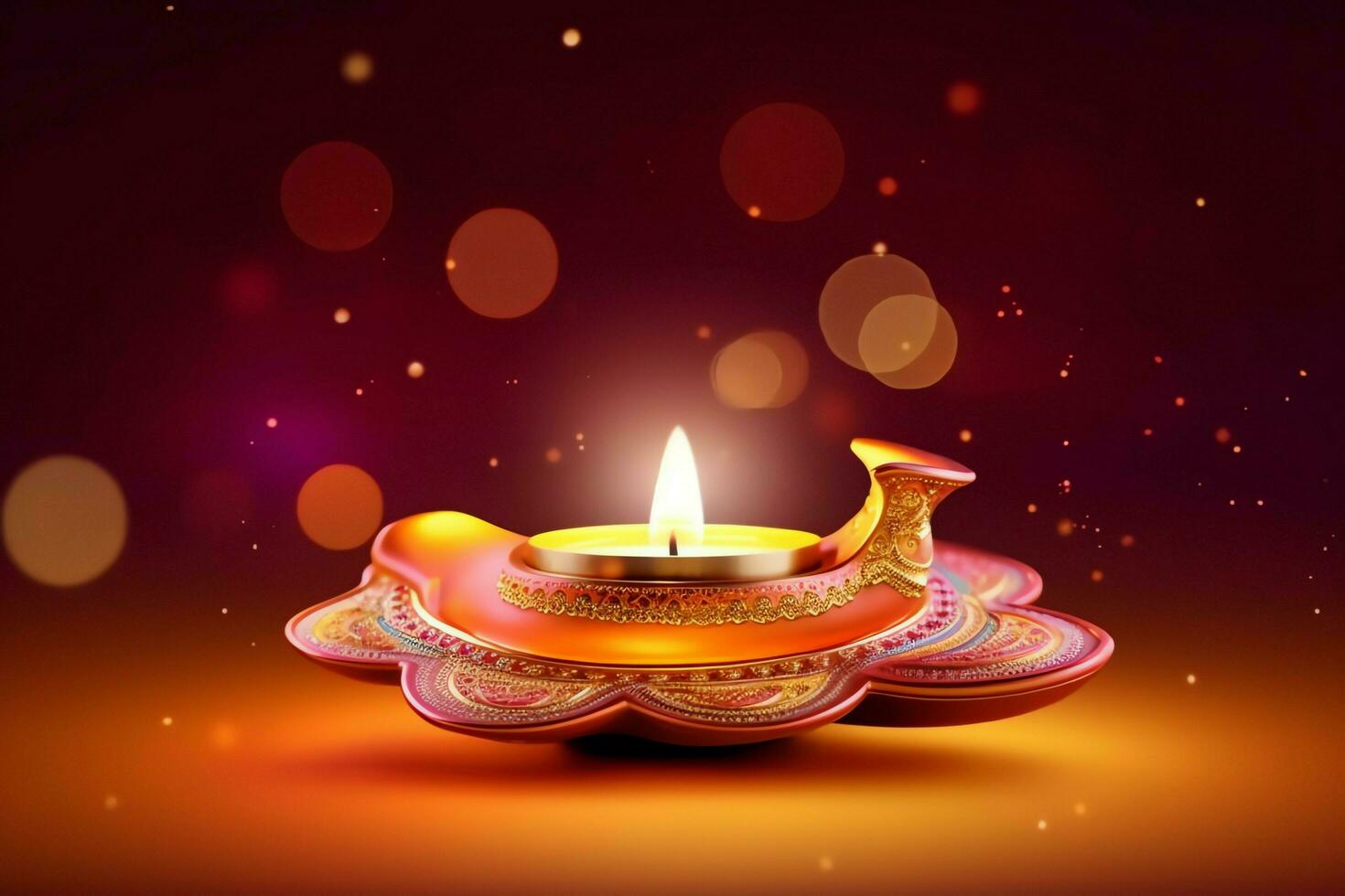 Happy diwali or deepavali traditional indian festival with clay diya oil lamp. Indian hindu festival of light symbol with candle and light. Clay diya lamp lit during diwali celebration by AI generated photo