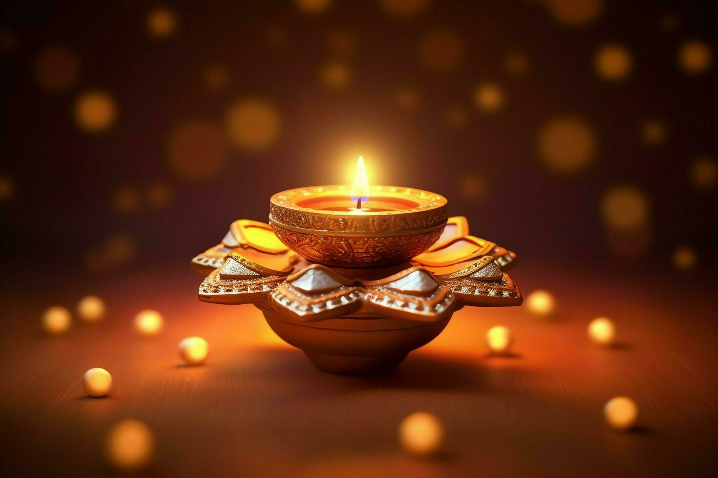 Happy diwali or deepavali traditional indian festival with clay diya oil lamp. Indian hindu festival of light symbol with candle and light. Clay diya lamp lit during diwali celebration by AI generated photo