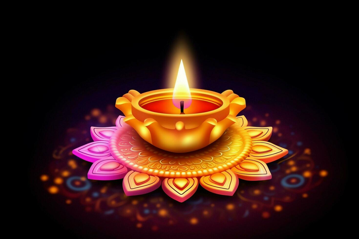 Happy diwali or deepavali traditional indian festival with clay diya oil lamp. Indian hindu festival of light symbol with candle and light. Clay diya lamp lit during diwali celebration by AI generated photo