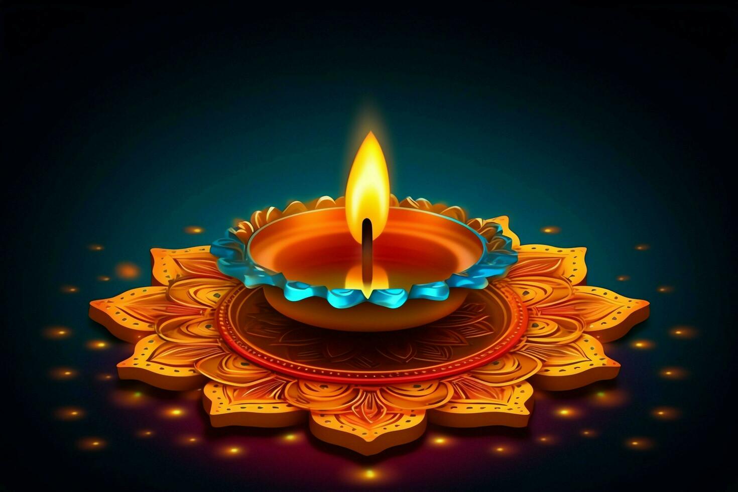 Happy diwali or deepavali traditional indian festival with clay diya oil lamp. Indian hindu festival of light symbol with candle and light. Clay diya lamp lit during diwali celebration by AI generated photo