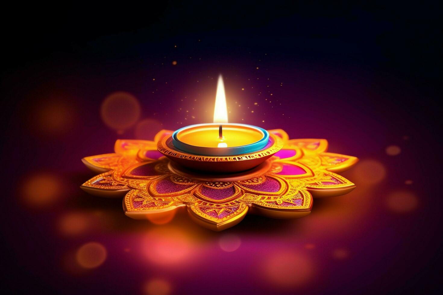 Happy diwali or deepavali traditional indian festival with clay diya oil lamp. Indian hindu festival of light symbol with candle and light. Clay diya lamp lit during diwali celebration by AI generated photo