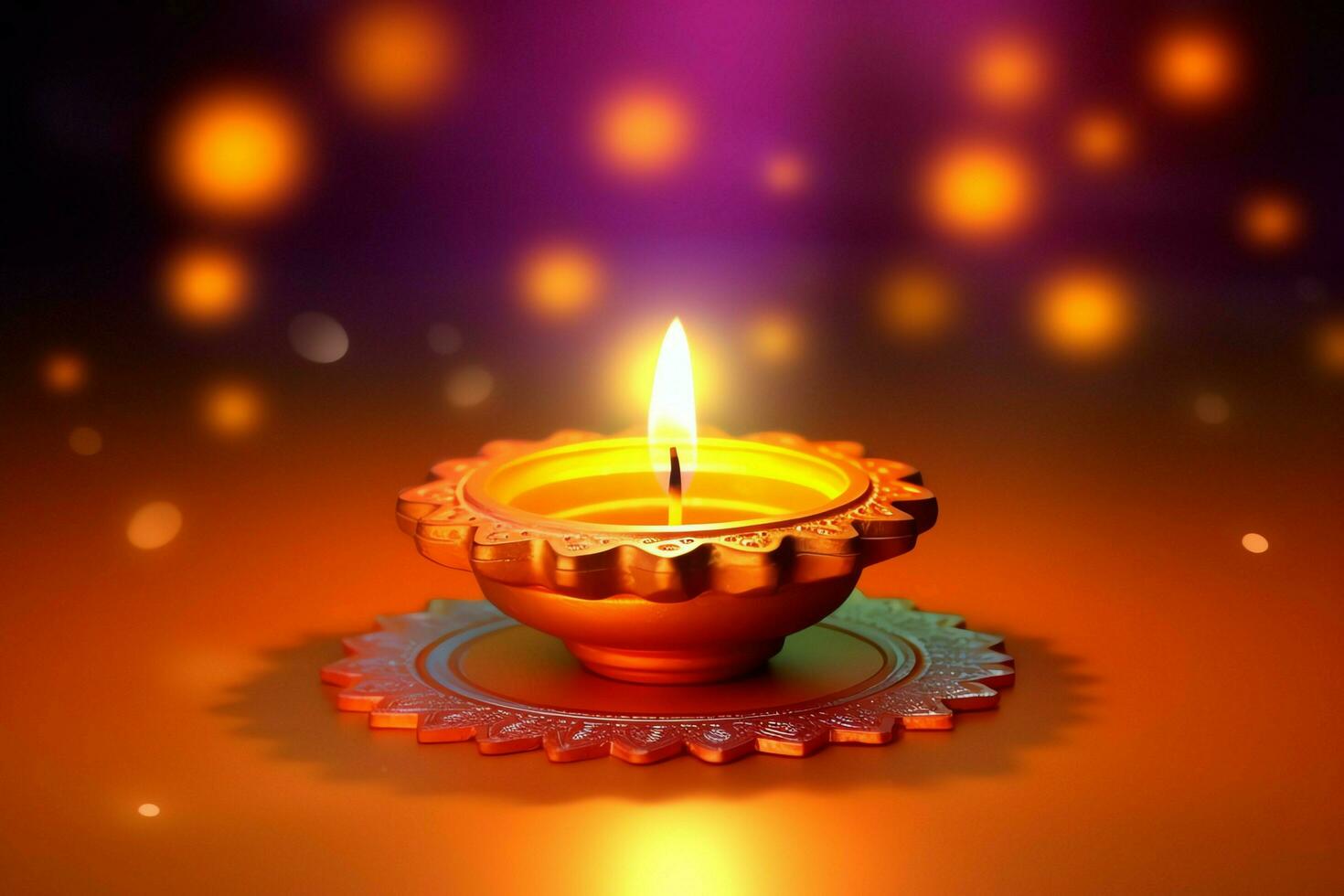 Happy diwali or deepavali traditional indian festival with clay diya oil lamp. Indian hindu festival of light symbol with candle and light. Clay diya lamp lit during diwali celebration by AI generated photo