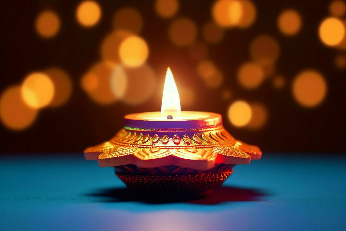 Happy diwali or deepavali traditional indian festival with clay diya oil lamp. Indian hindu festival of light symbol with candle and light. Clay diya lamp lit during diwali celebration by AI generated photo