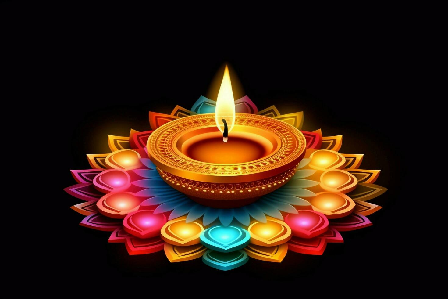 Happy diwali or deepavali traditional indian festival with clay diya oil lamp. Indian hindu festival of light symbol with candle and light. Clay diya lamp lit during diwali celebration by AI generated photo