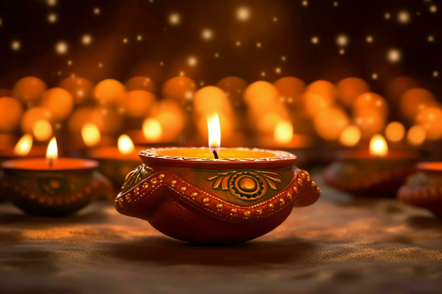Happy diwali or deepavali traditional indian festival with clay diya oil lamp. Indian hindu festival of light symbol with candle and light. Clay diya lamp lit during diwali celebration by AI generated photo