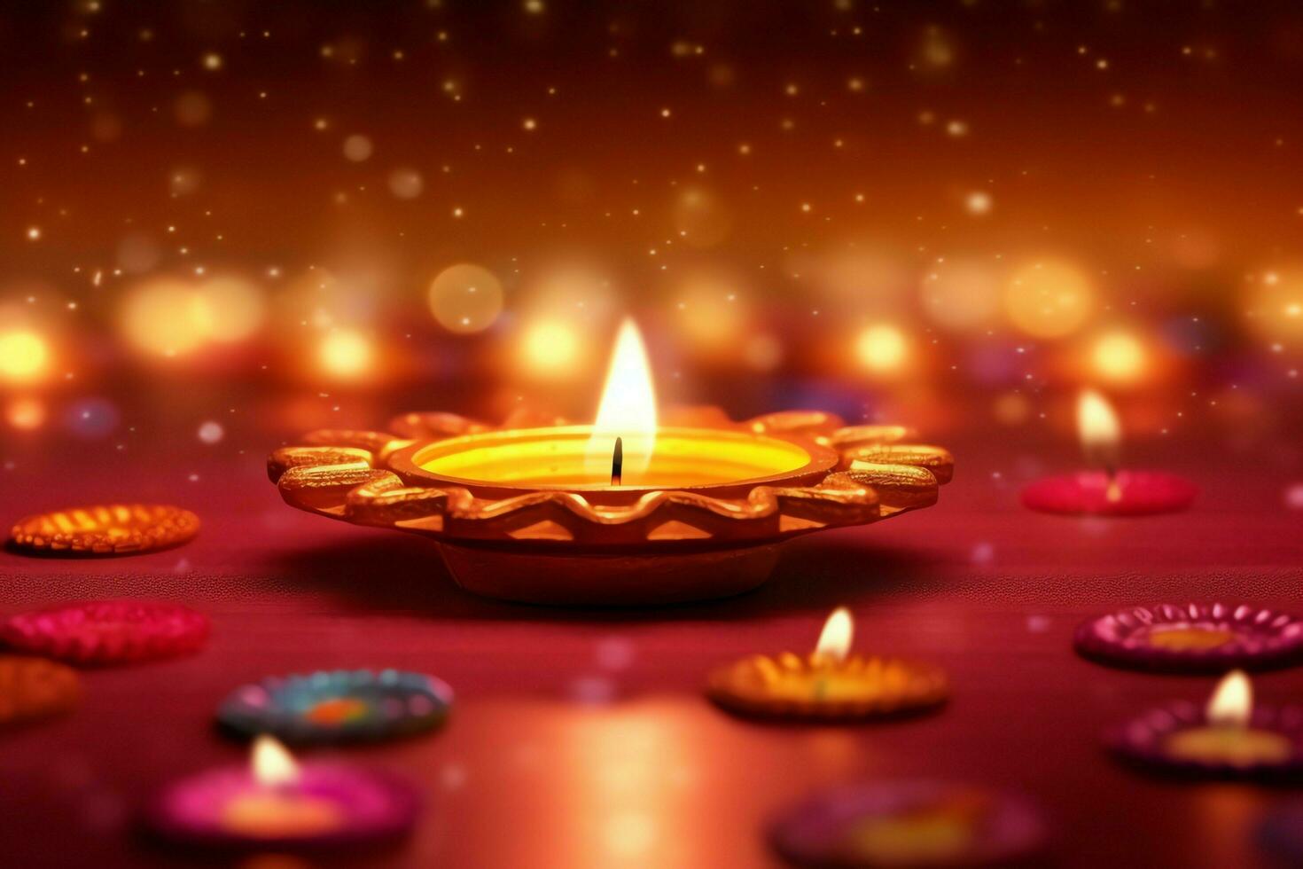 Happy diwali or deepavali traditional indian festival with clay diya oil lamp. Indian hindu festival of light symbol with candle and light. Clay diya lamp lit during diwali celebration by AI generated photo