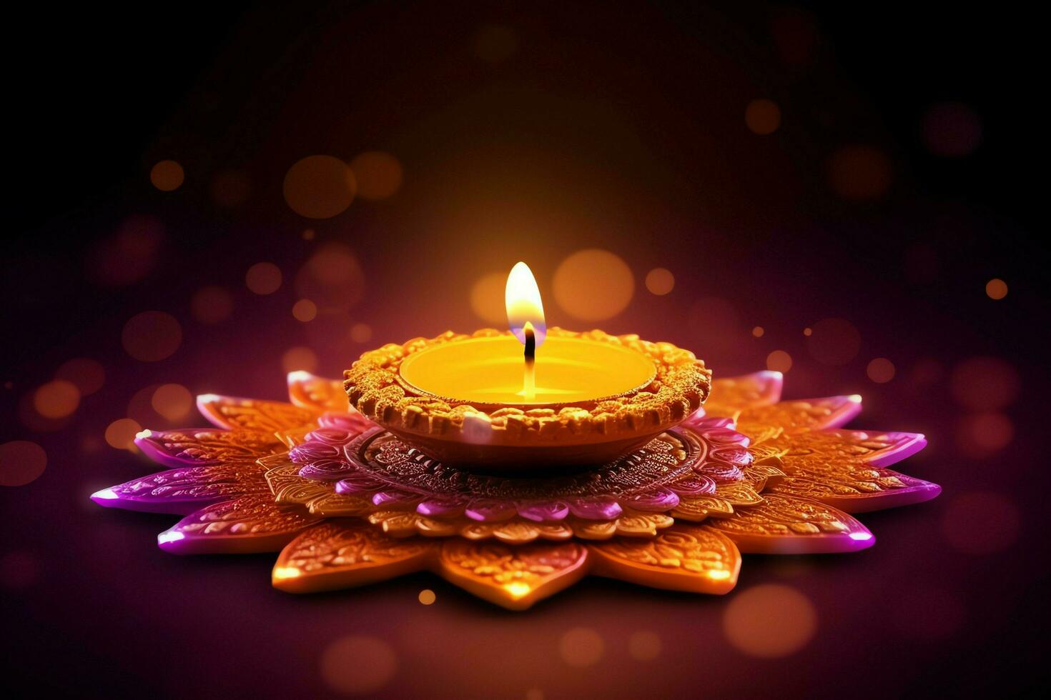 Happy diwali or deepavali traditional indian festival with clay diya oil lamp. Indian hindu festival of light symbol with candle and light. Clay diya lamp lit during diwali celebration by AI generated photo