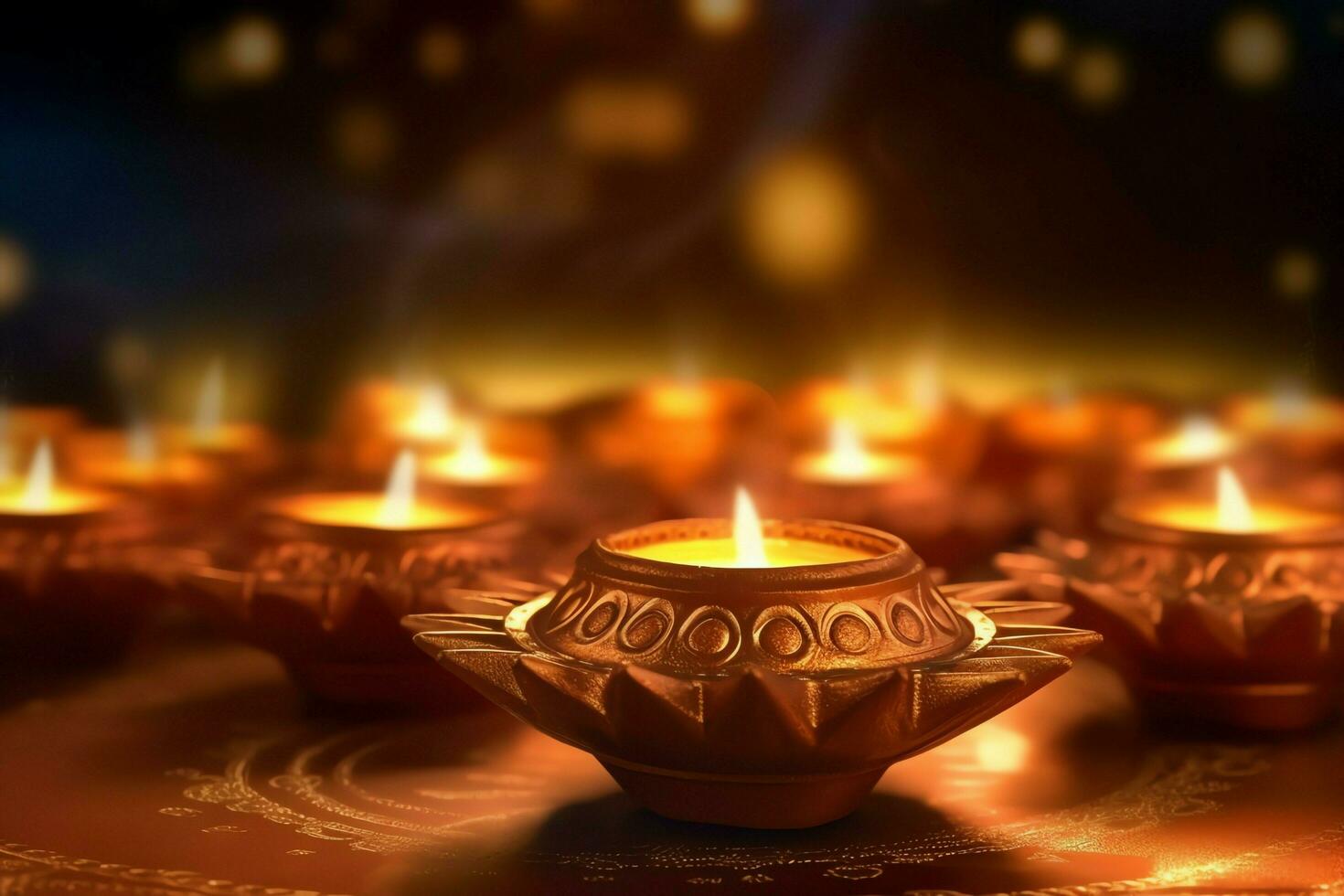 Happy diwali or deepavali traditional indian festival with clay diya oil lamp. Indian hindu festival of light symbol with candle and light. Clay diya lamp lit during diwali celebration by AI generated photo