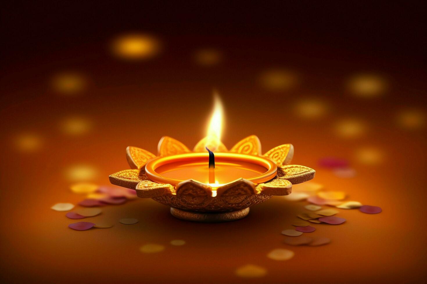 Happy diwali or deepavali traditional indian festival with clay diya oil lamp. Indian hindu festival of light symbol with candle and light. Clay diya lamp lit during diwali celebration by AI generated photo