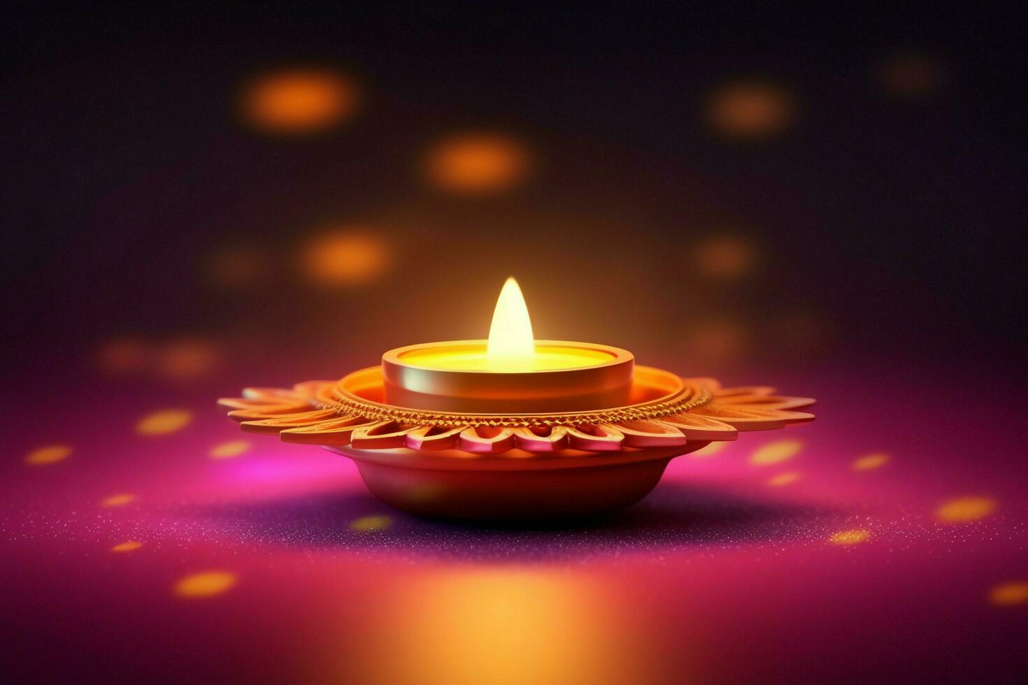 Happy diwali or deepavali traditional indian festival with clay diya oil lamp. Indian hindu festival of light symbol with candle and light. Clay diya lamp lit during diwali celebration by AI generated photo