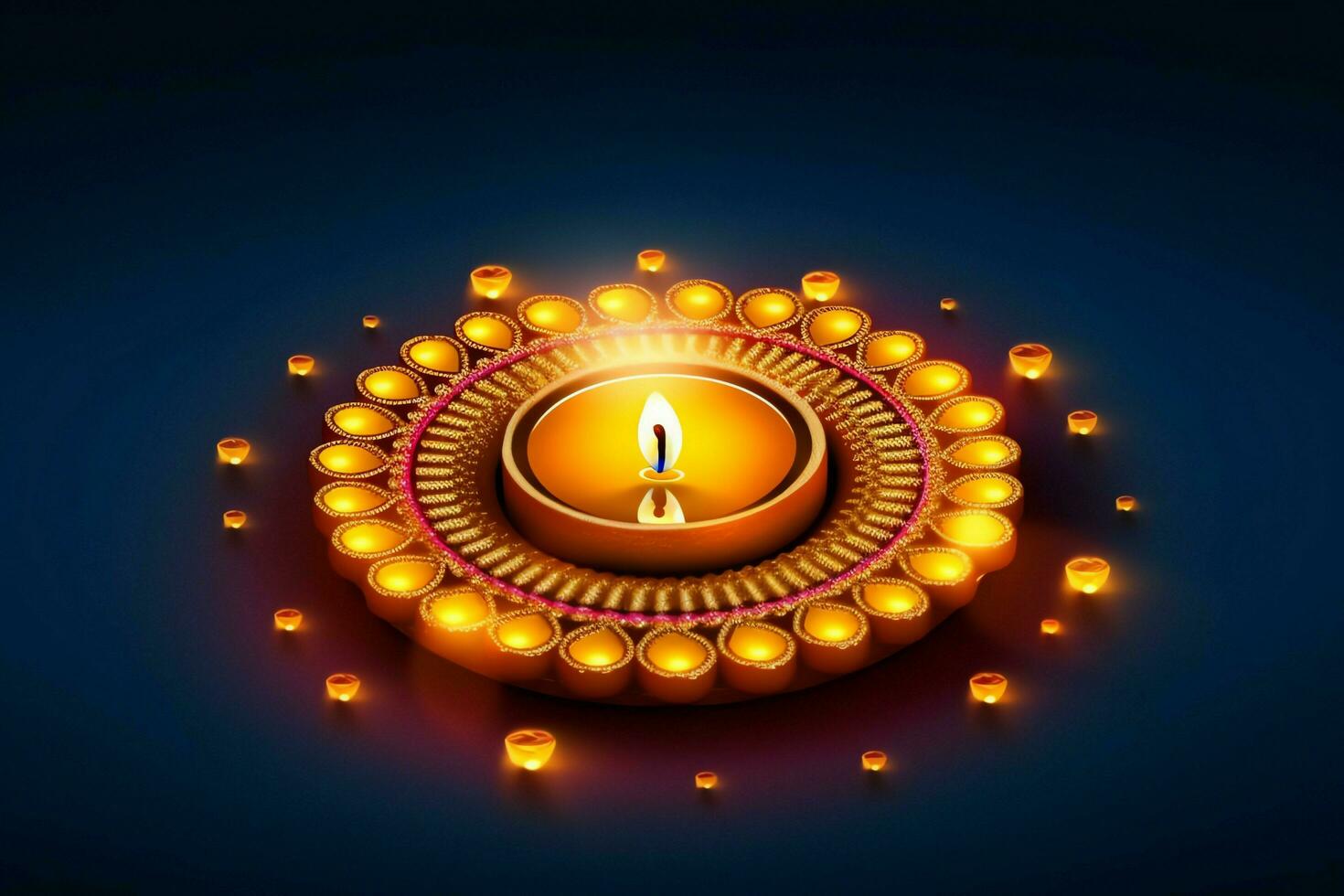 Happy diwali or deepavali traditional indian festival with clay diya oil lamp. Indian hindu festival of light symbol with candle and light. Clay diya lamp lit during diwali celebration by AI generated photo