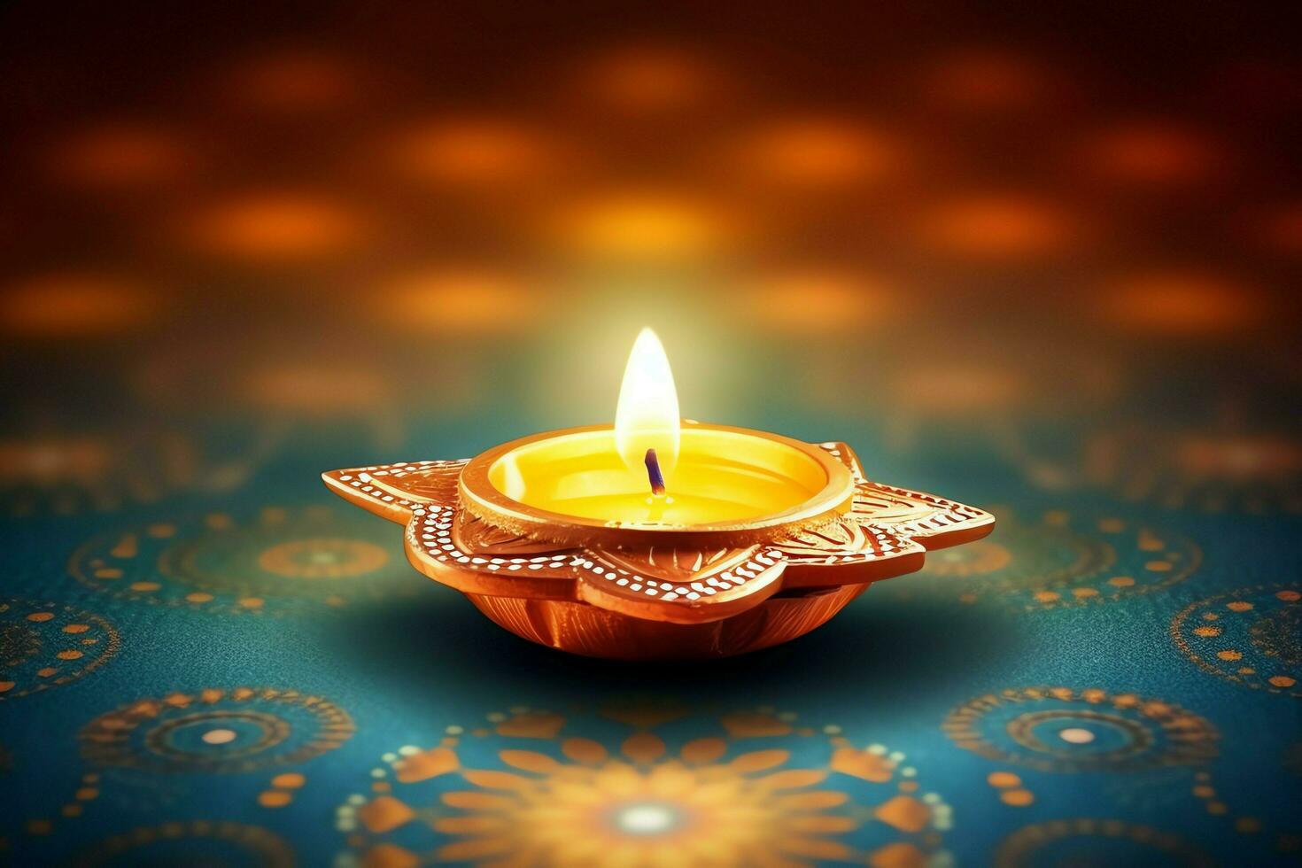 Happy diwali or deepavali traditional indian festival with clay diya oil lamp. Indian hindu festival of light symbol with candle and light. Clay diya lamp lit during diwali celebration by AI generated photo