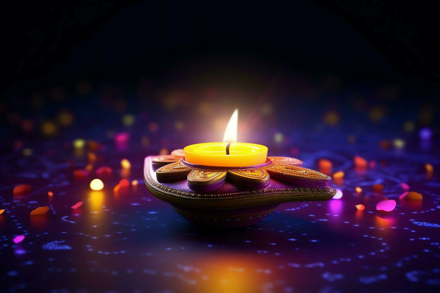 Happy diwali or deepavali traditional indian festival with clay diya oil lamp. Indian hindu festival of light symbol with candle and light. Clay diya lamp lit during diwali celebration by AI generated photo