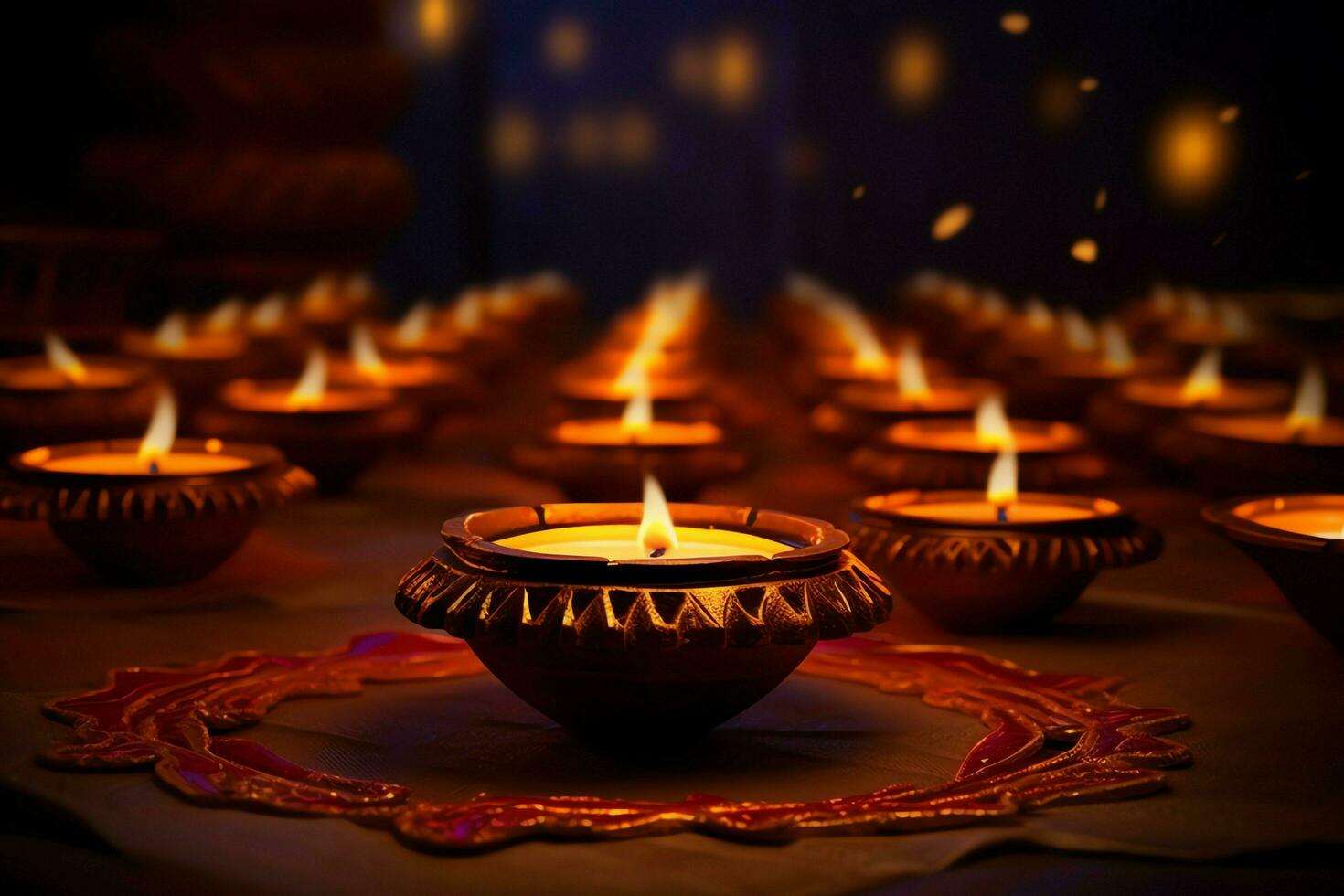 Happy diwali or deepavali traditional indian festival with clay diya oil lamp. Indian hindu festival of light symbol with candle and light. Clay diya lamp lit during diwali celebration by AI generated photo